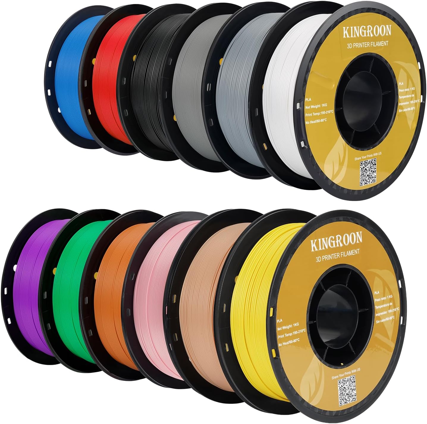 Kingroon PLA 3D Printer Filament, 12Rolls, Dimensional Accuracy +/- 0.03 mm, 10kg Spool(22lbs), 1.75 mm，Black White Grey Red Green Yellow Purple Skin Blue Silver Pink Orange