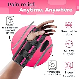 DR. BRACE Adjustable Wrist Brace Night Support for Carpal Tunnel, Doctor Developed, Upgraded with Double Splint & Therapeutic Cushion,Hand Brace for Pain Relief,Injuries,Sprains (L/XL Right Hand, Black-Pink)