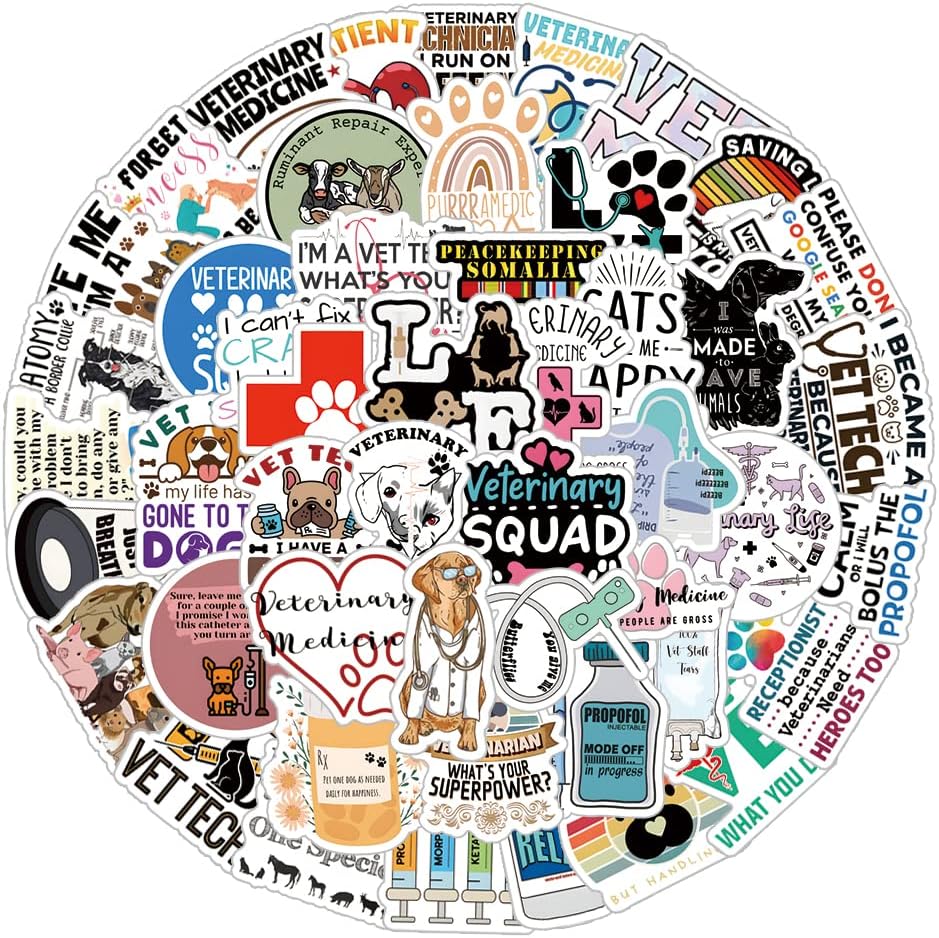 61Pcs Veterinary Stickers Pack |，Cute Treatment Animals Medical Health Vet Tech Vinyl PVC Waterproof Sticker for Adults Water Bottle Skateboard Luggage Laptop Computer Phone Wall Surfboard