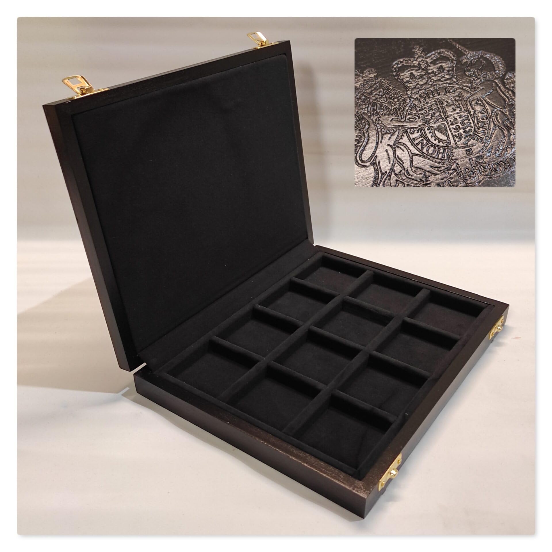 Caja para monedas de colección en madera con escudo real del Reino Unido, 12 compartimentos para cápsulas Quadrum, terciopelo negro, hecha a mano en Italia