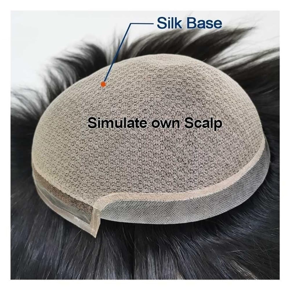 Men's Toupee Posticci for capelli con base in seta, pizzo a diamante, toupee frontale in pizzo for uomo, capelli umani con sottile pelle in PU attorno al sistema di capelli(7x10)