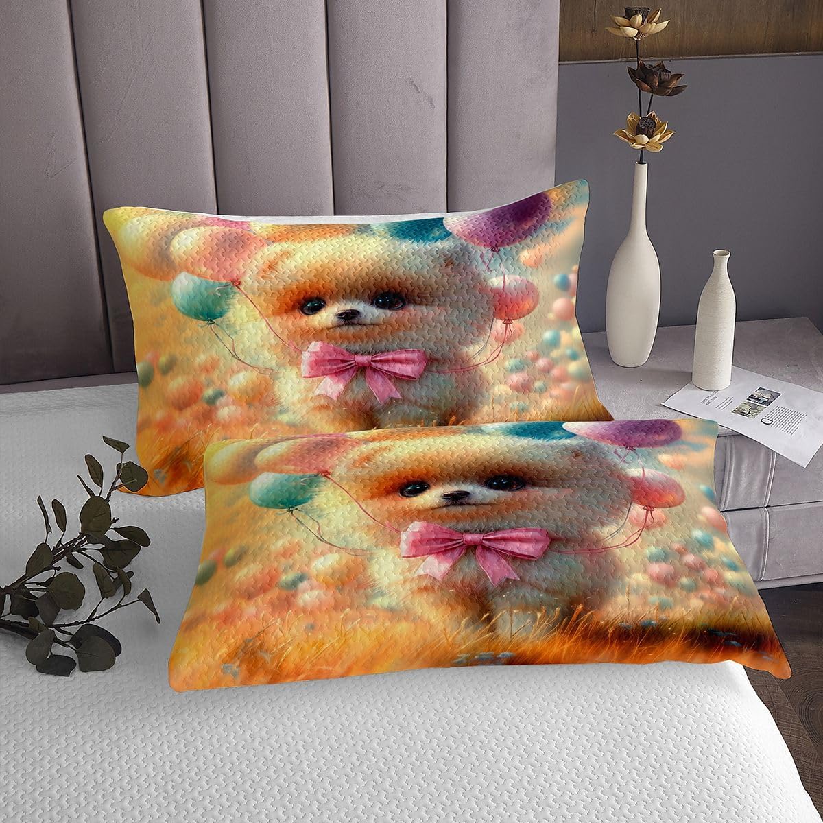 Erosebridal Cute Pomeranian Dog Quilt Set Queen Lovely Puppy Dog Coverlet Set,Pet Animal with Dreamy Bowknot Bedspreads Kawaii Ballons Bedding Sets Bedroom Decor