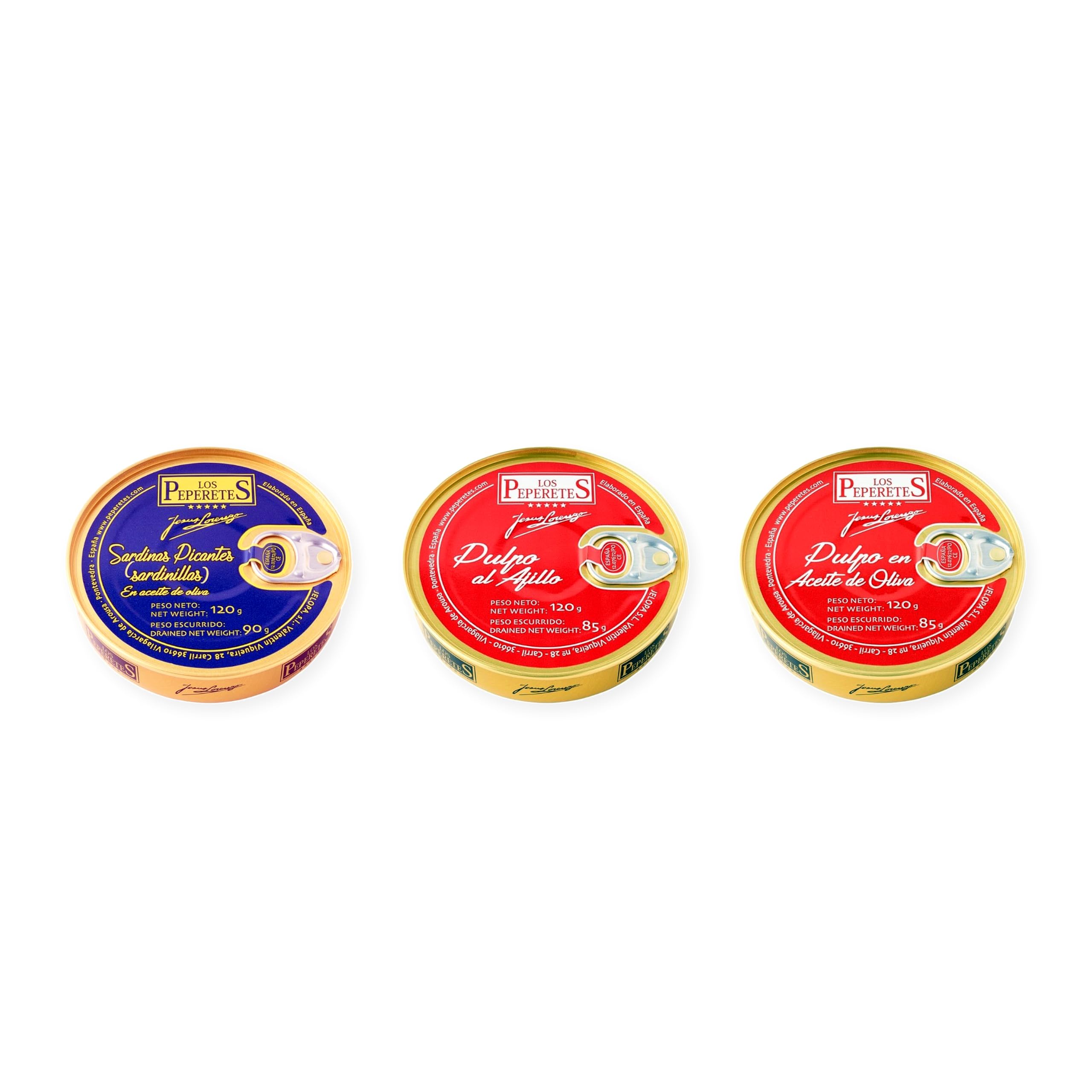 los peperetes conservas Sardinillas Picantes, Pulpo Ajillo y Pulpo Aceite Oliva pack 3 latas