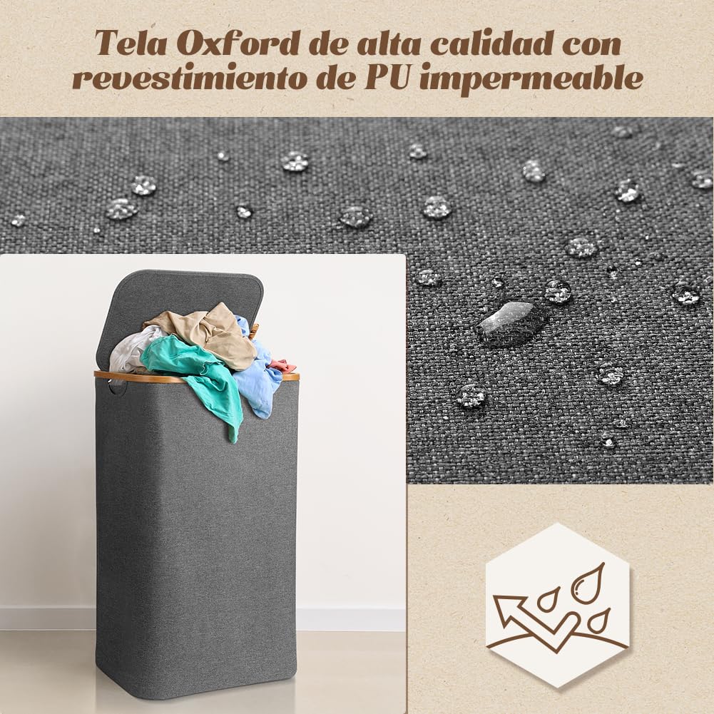 OUSFOT Cesto Ropa Sucia con Tapa 105 L Cubo Laundry Organizer XL Gris Plegable con Asas