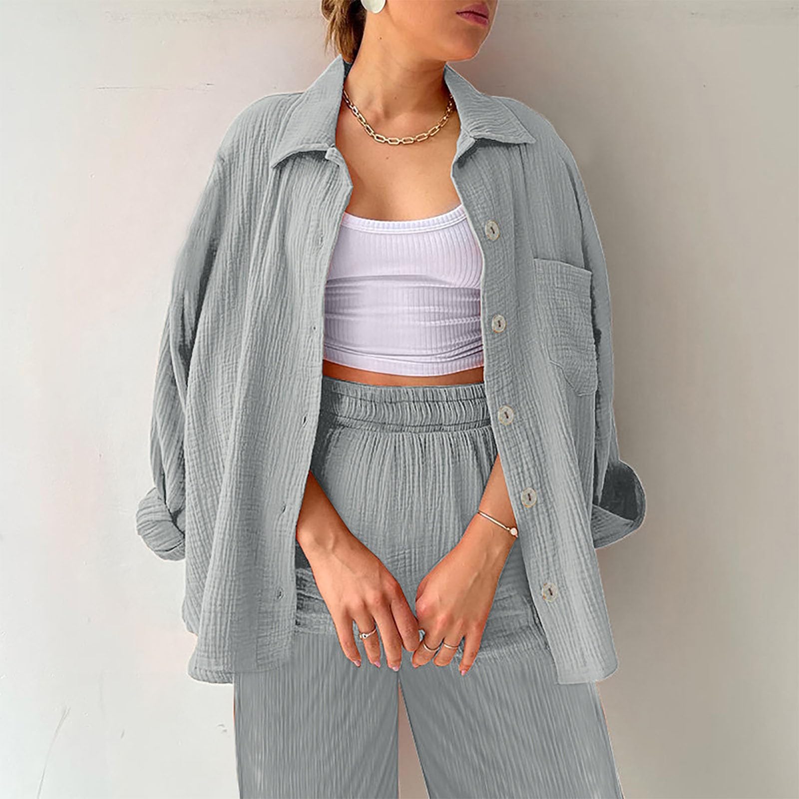 Leinen Set Damen Zweiteiler Musselin Hosenanzüge Elegant Langarm Top Und Hose 2 Teiler Leinen Baumwolle Freizeitanzug Casual Leicht Anzug Loungewear Set