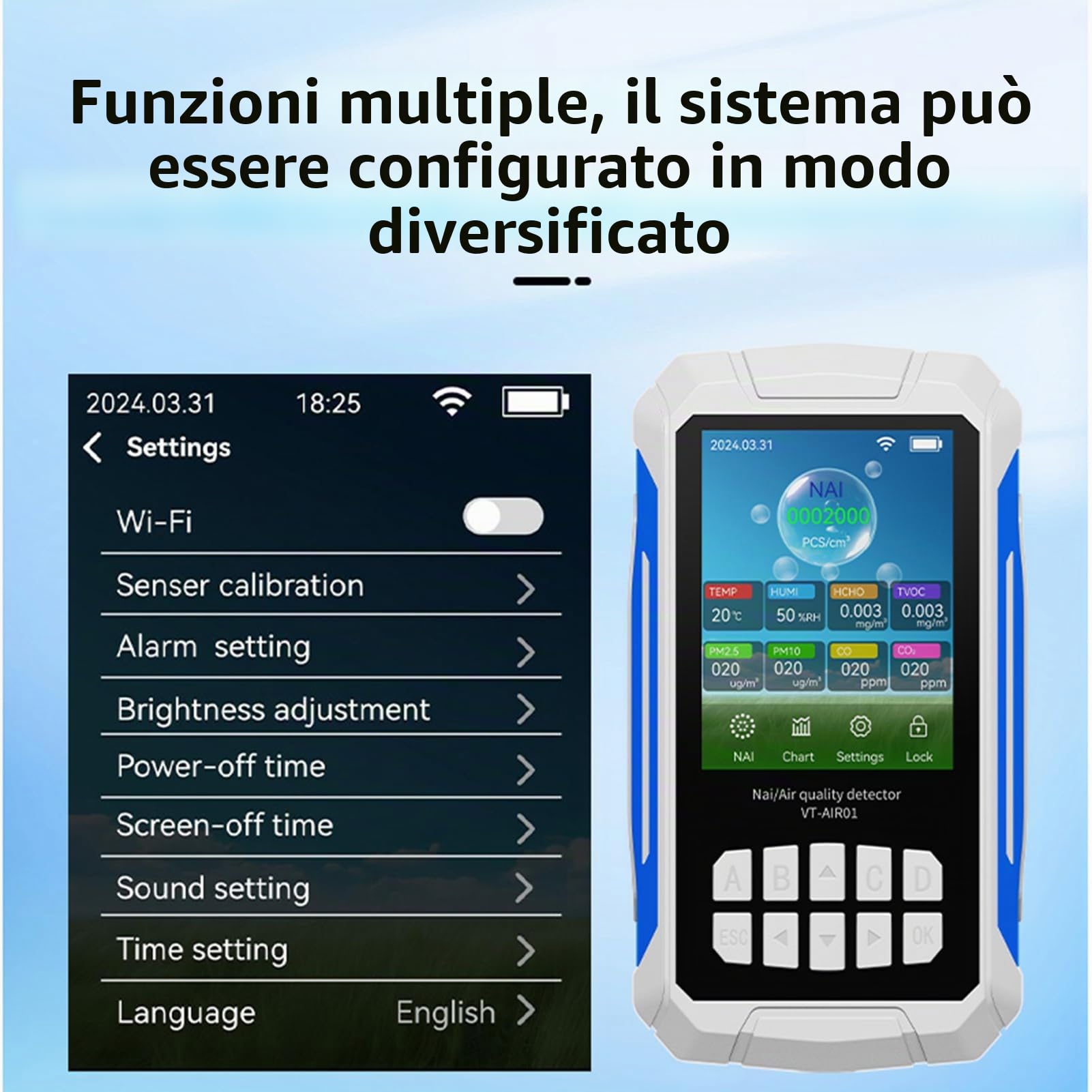 Rilevatore Qualità Aria Interni Monitoraggio CO2 PM2 5 PM10 VOC Umidità Temperatura Ioni Negativi per Auto Ufficio Domestico Scolastico Bianco