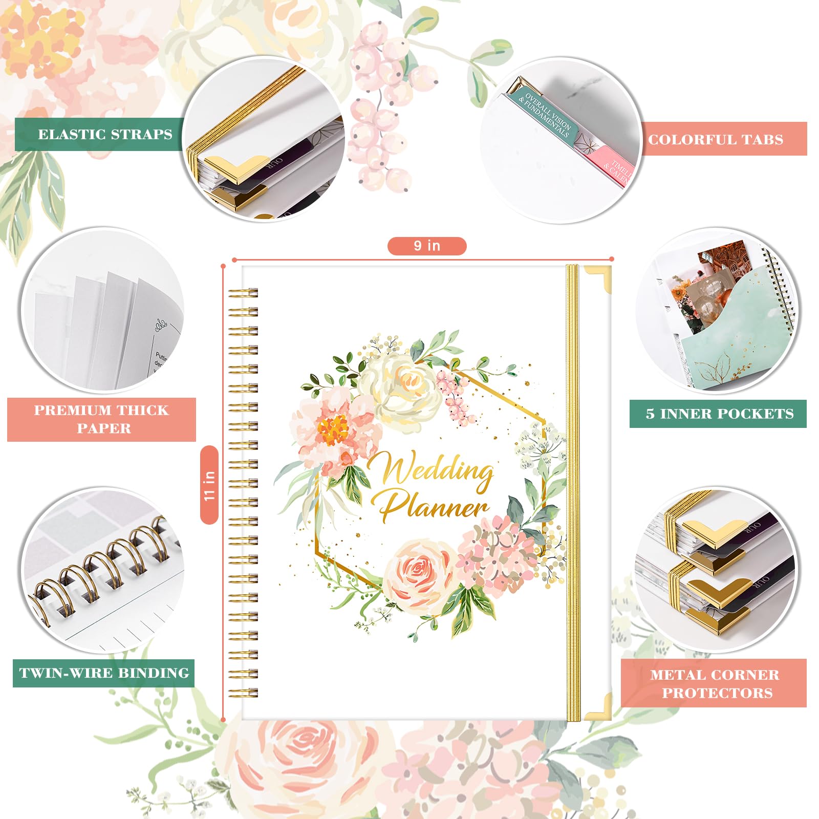 Hochzeitsplaner & Organizer – Hochzeitsplaner Buch und Organizer für die Braut, Hochzeitsplanungsbuch mit 5 Registerkarten, 22,9 x 30,2 cm, Hardcover mit Metallecken + 5 Innentaschen +