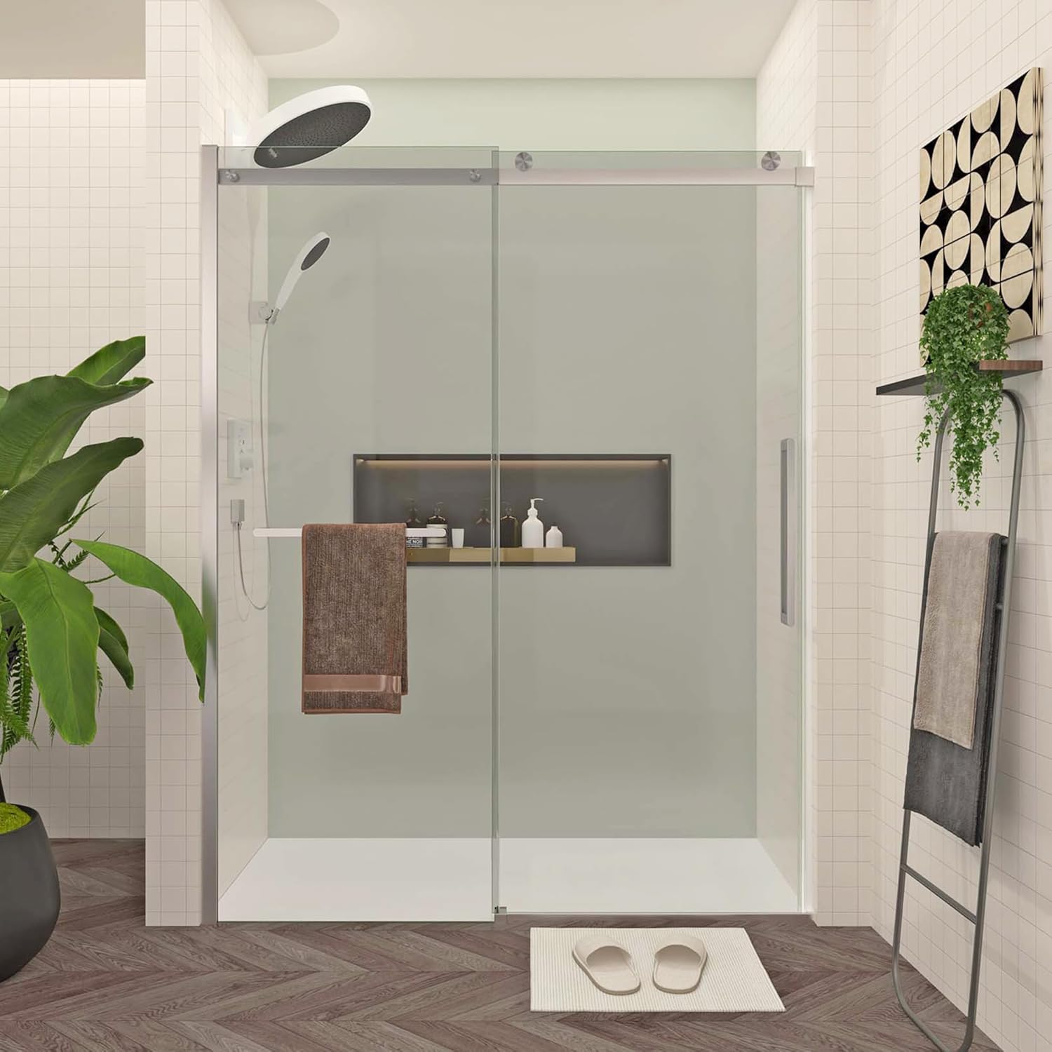Frameless Shower Door 56-60" W × 76" H, Sliding Glass Door with 5/16" Clear Tempered Glass，Stainless Steel Hardware, Matt Black Finish