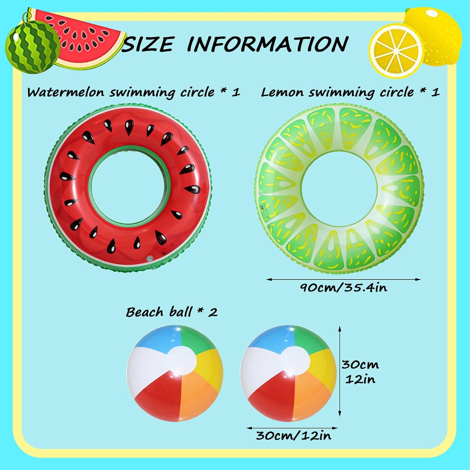 3 Pcs Pool Inflatables for Adults, Swimming Rubber Ring, Watermelon Lemon Fruit Inflatable Swimming Rings, With 2 12 Inch Beach Balls, Ideal for Pool Beach Lake Party Decorations