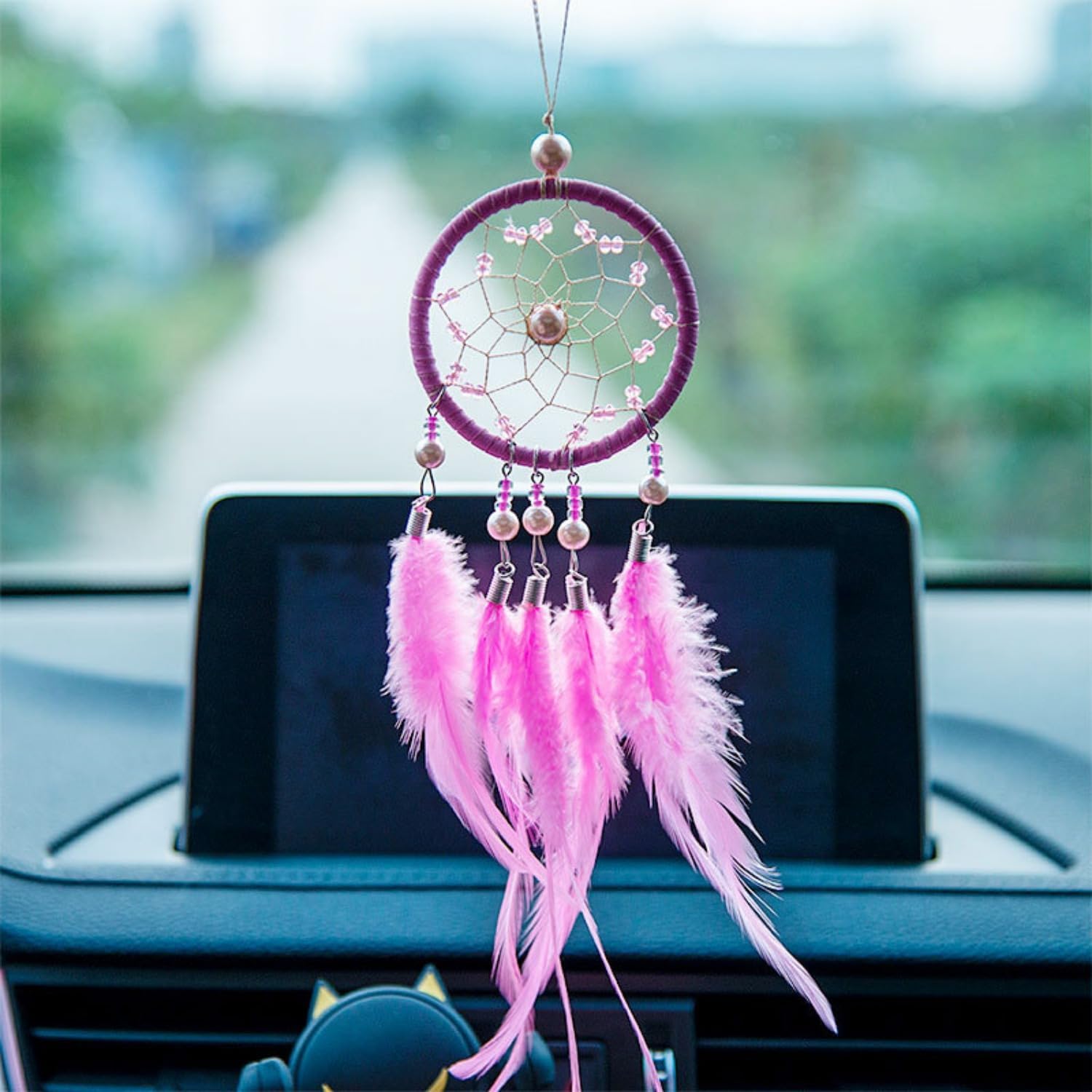 Dream Catcher Handmade Car Rear View Mirror Pendant White Feather Dream Catchers with Crystal Beads Tree of Life Car Charm (Blue)