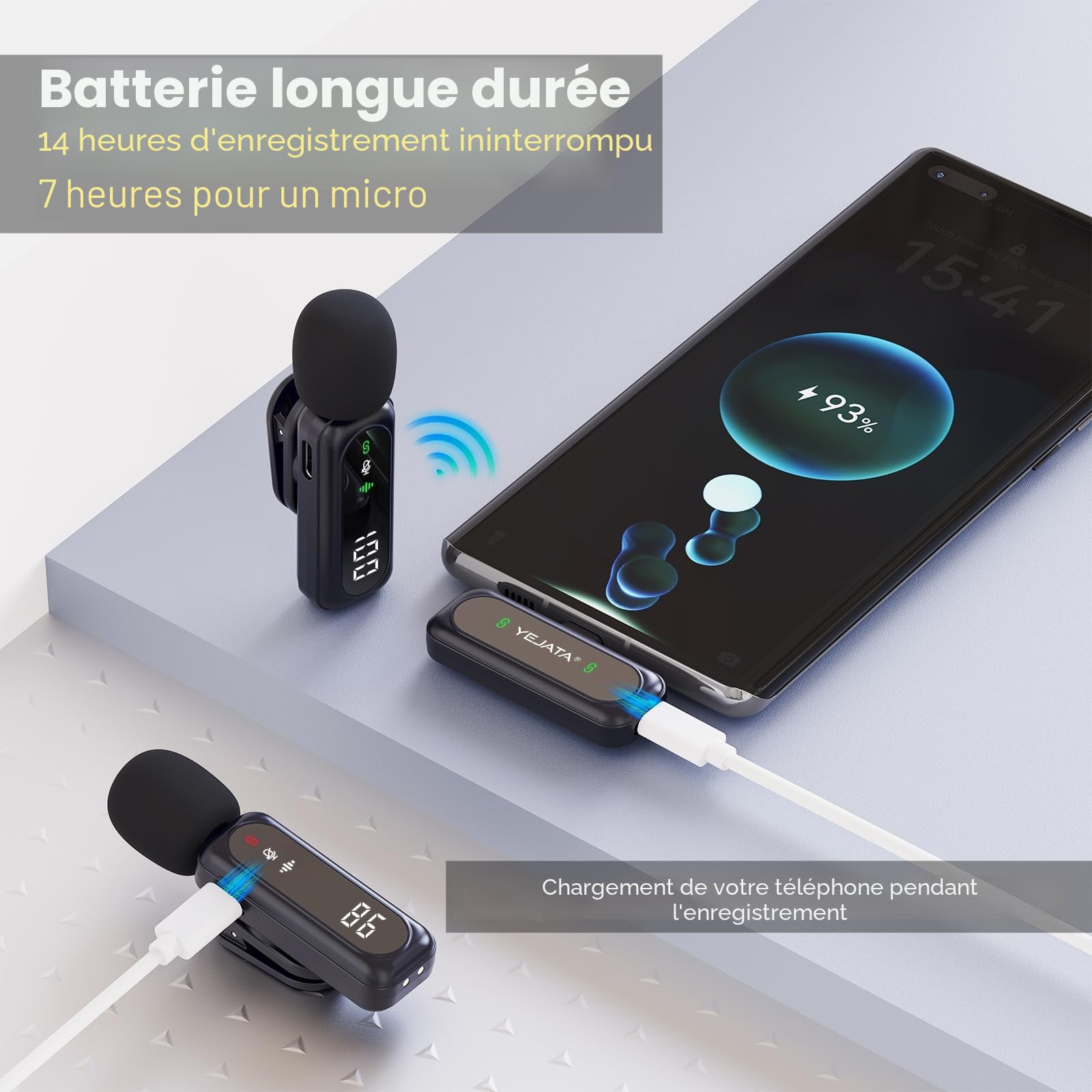 Microphone cravate sans fil avec affichage numérique de la batterie 360° omnidirectionnel suppression du bruit portée 30 m Clip rotatif pour iPhone 15/16 Android PC iPad tablette