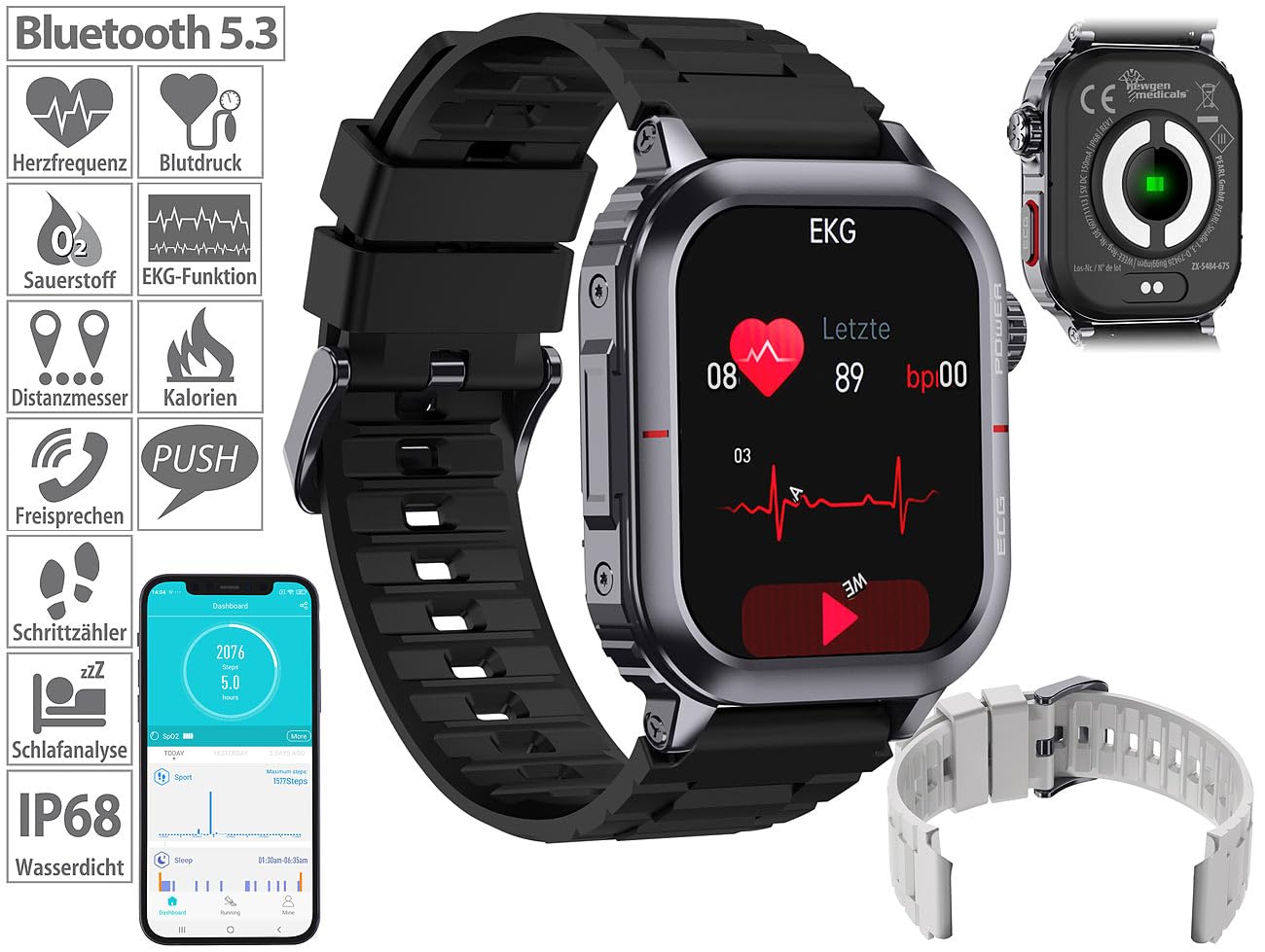 Newgen Medicals Fitnesstracker: Fitness-Smartwatch mit EKG-, Herzfrequenz- und Blutdruck-Anzeige (Uhr mit EKG, Smartwatch mit EKG-Messung, kompatibel mit Apple Watch)