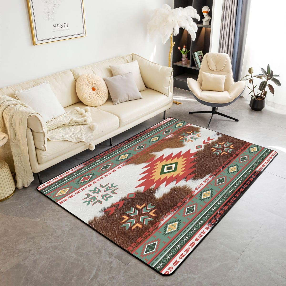 Homewish Aztecki diamentowy trójkątny dywan 100 x 150 cm - Boho skóra bydlęca zachodni dywan do salonu styl Navajo nie gubi włosia dywan południowo-zachodnia etniczna sztuka plemienna duże dywany