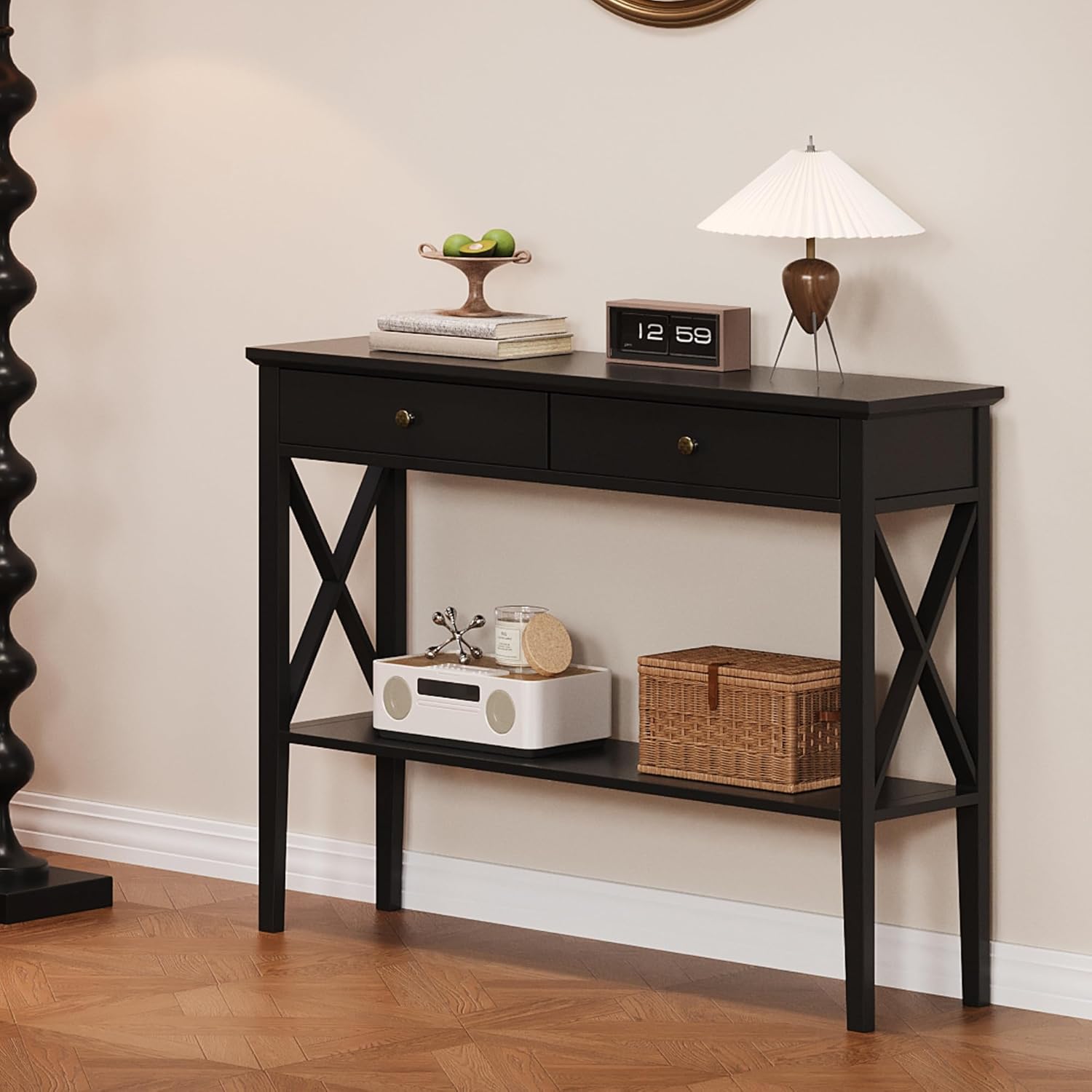 ChooChoo Console Table with Drawers, Narrow Wood Accent Sofa Table Entryway Table with Storage Shelf for Entryway, Front Hall, Hallway, Living Room, Black - Image 10