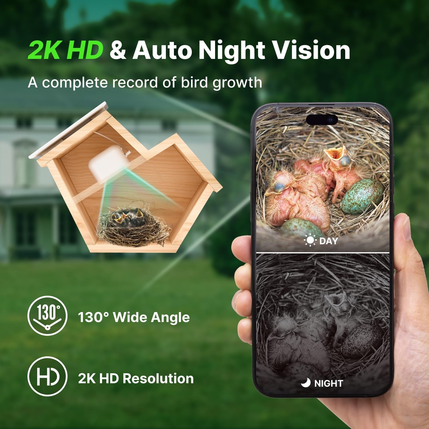 Smart Birdhouse with 2K HD Camera, Solar Powered & Battery, Night Vision, AI Bird Identification, Real-Time Alerts, APP Control, Outdoor Wooden Bird House, Ideal Gift for Bird Lovers