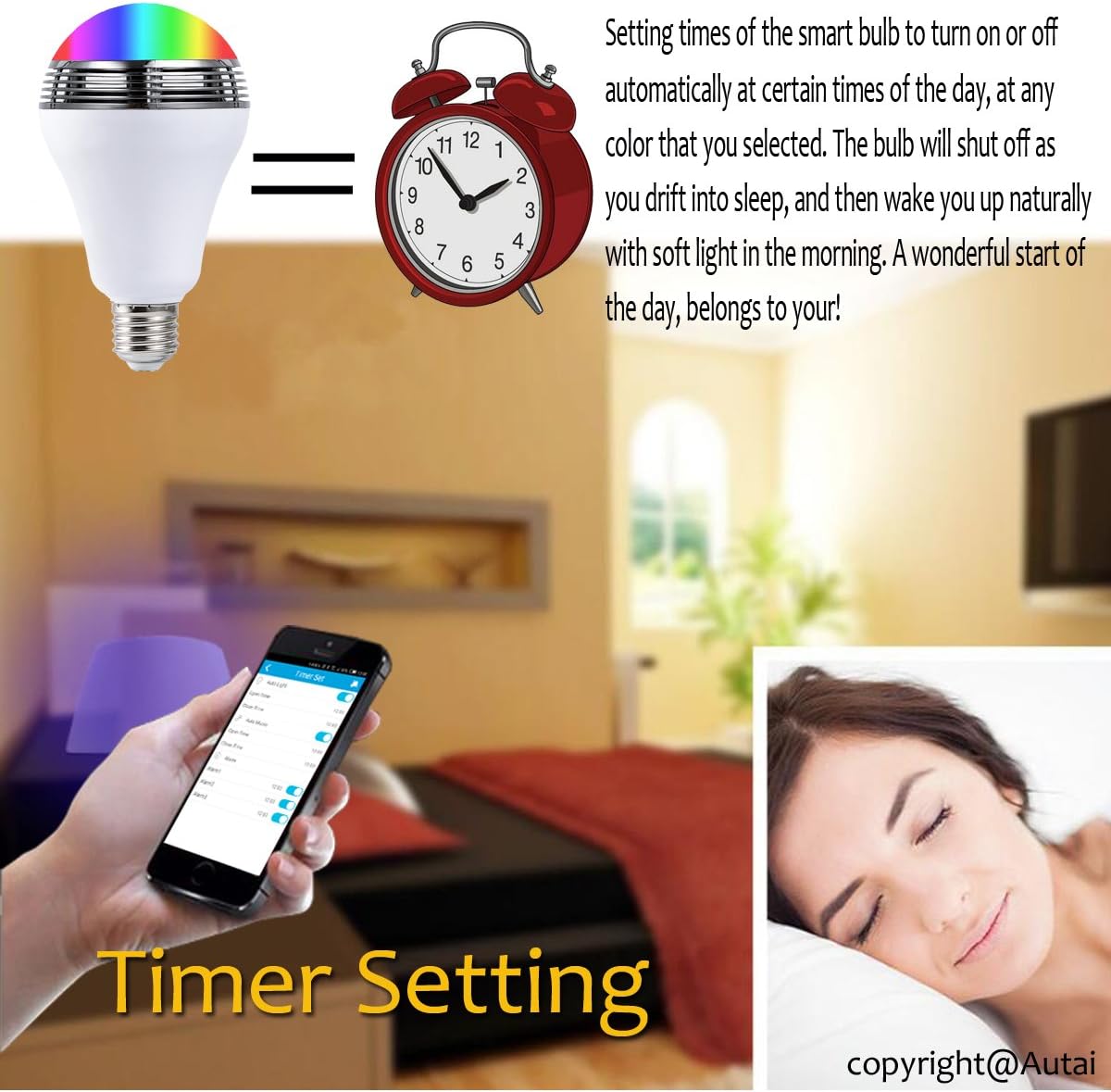 Autai LED Light Bulb with Smart Bluetooth Speaker and APP Control RGB Multi Color Changing Dimmable