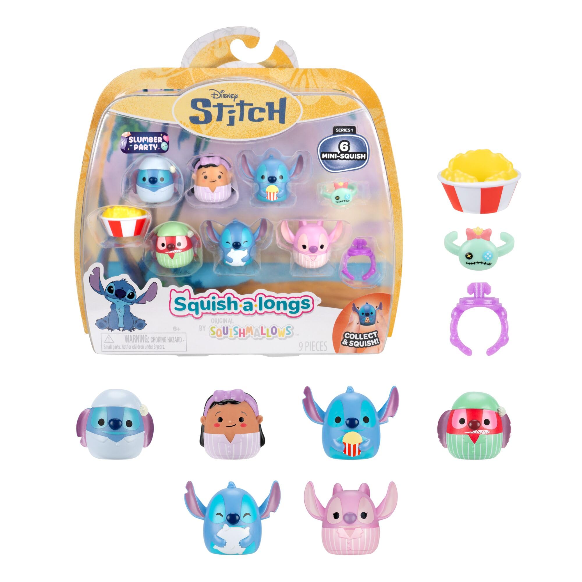 Squish-a-longs Disney Stitch Mini-Squish + Accessory 6-Pack (Slumber Party)