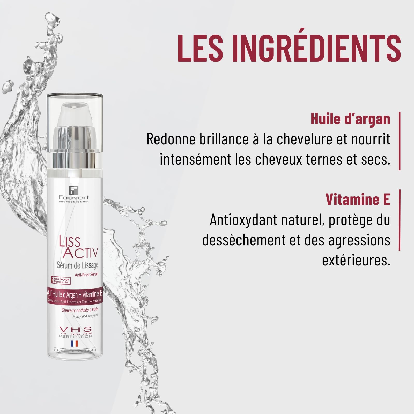 Fauvert Professionnel Sérum de Lissage LISS ACTIV - Protecteur Chaleur & Anti-Frisottis - Huile d’Argan + Vitamine E - Soin Thermoprotecteur Cheveux Sans Rinçage - Fabriqué en France - 100 ml