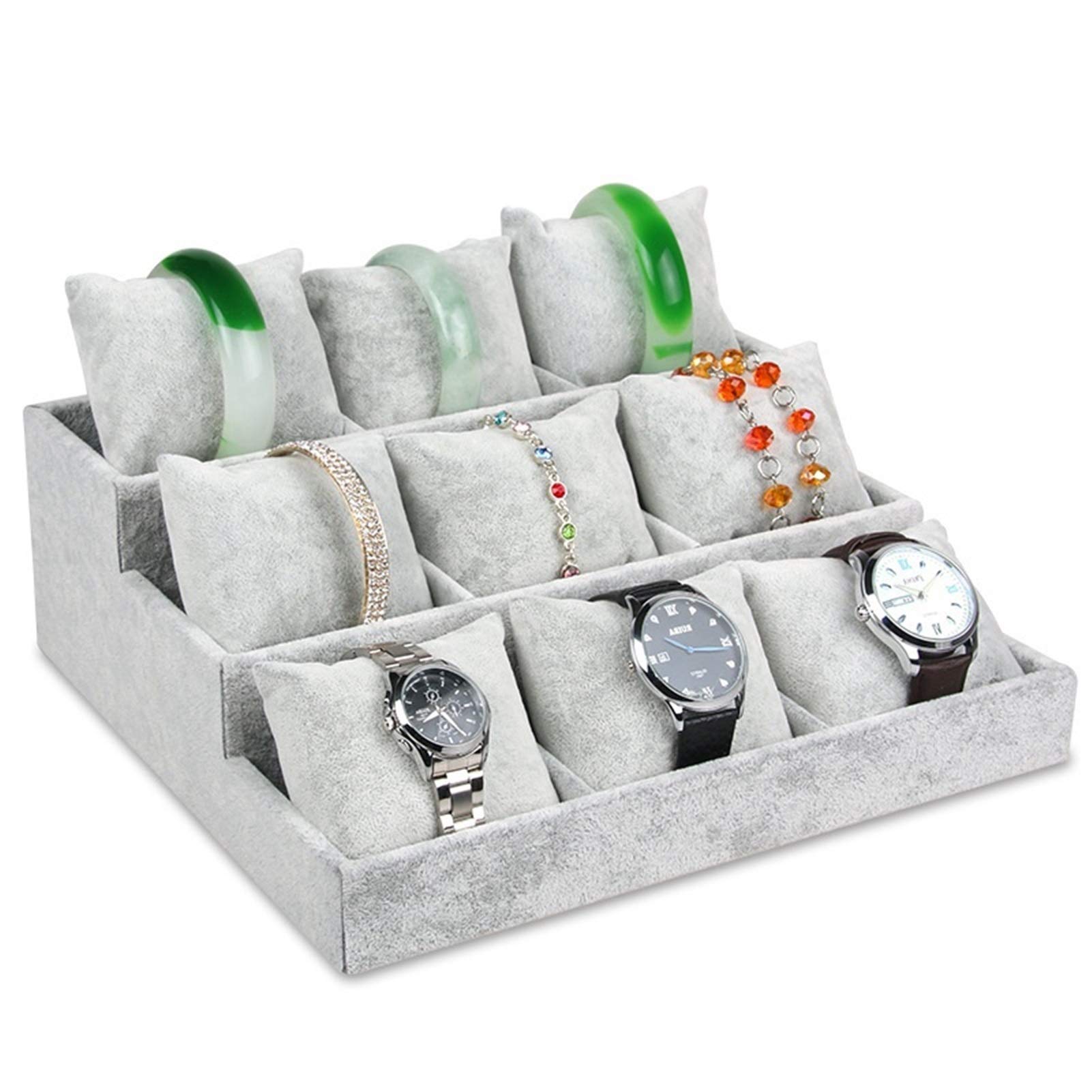 Uhrenbox, 3-stufiger Uhren-Organizer für die Vitrine, Schublade, 9 Fächer, Aufbewahrung von Schmuck, Ständer, Vitrine, Schmuckaufbewahrung, Theke, Uhrenetui aus Eisvliesstoff (Farbe: Grauer Eissamt)