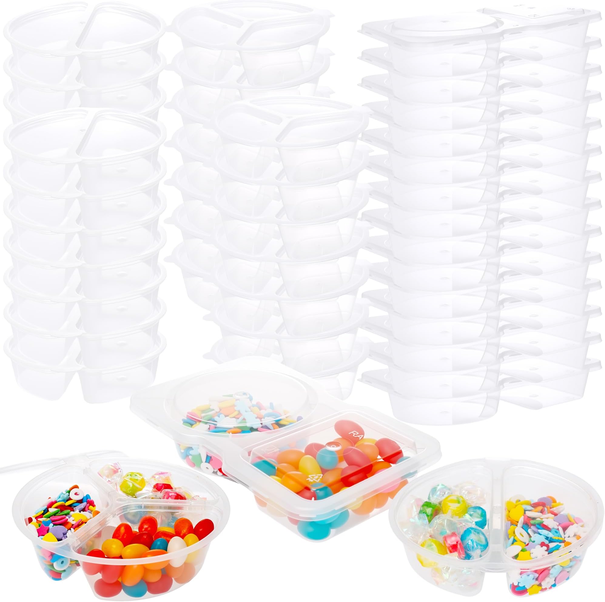 45 Pcs 2 Compartment Snack Containers 3 Compartment Condiment Containers with Lids Plastic Box for Sauce Meal Prep Portion Control, 3 Shapes