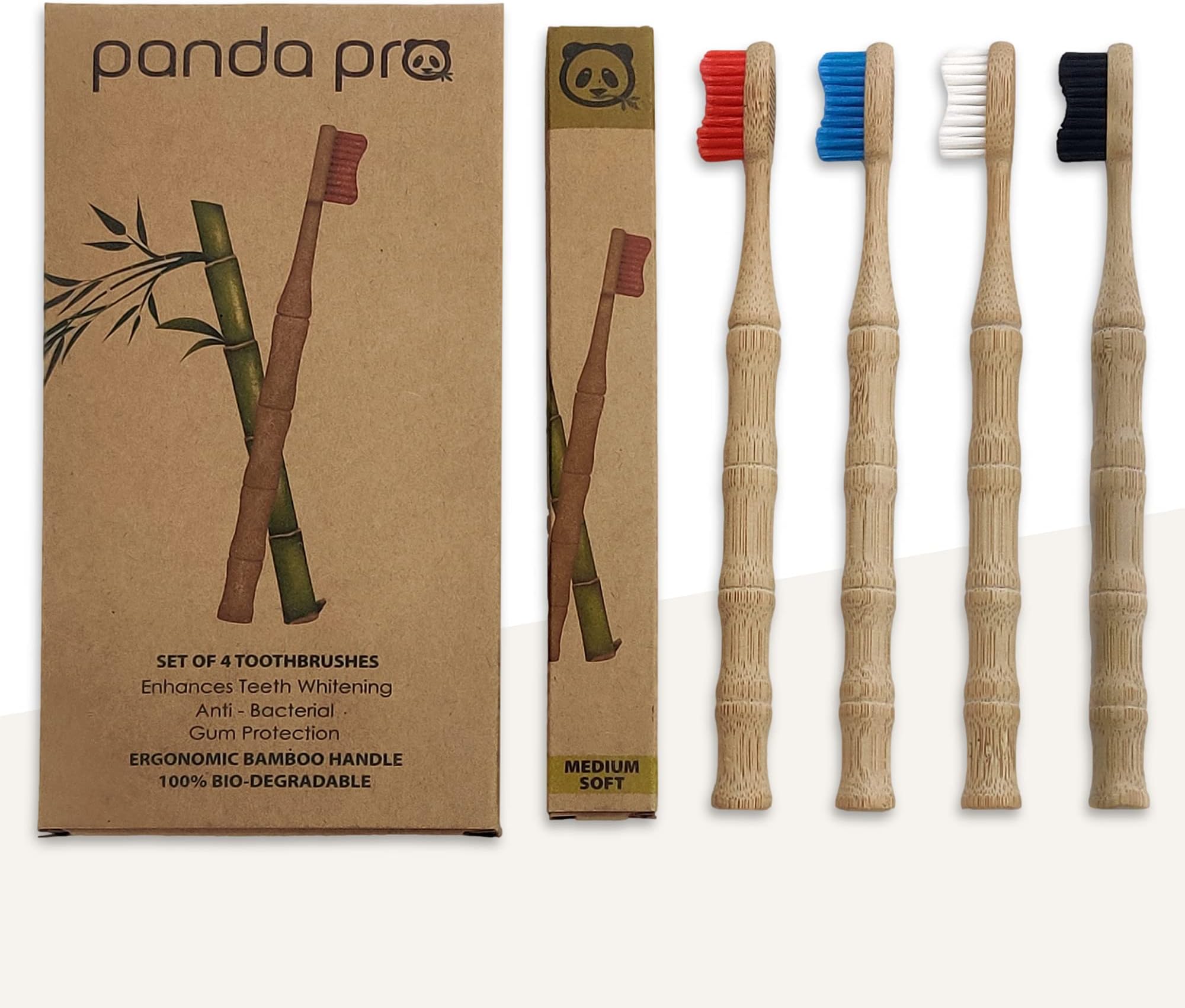 Natural Bamboo Toothbrushes (4 Pack) - Eco Friendly Gifts - Medium Soft BPA Free Anti-Bacterial Charcoal Infused Tapered Bristles - Teeth whitening - Biodegradable Ergonomic Wooden Handle