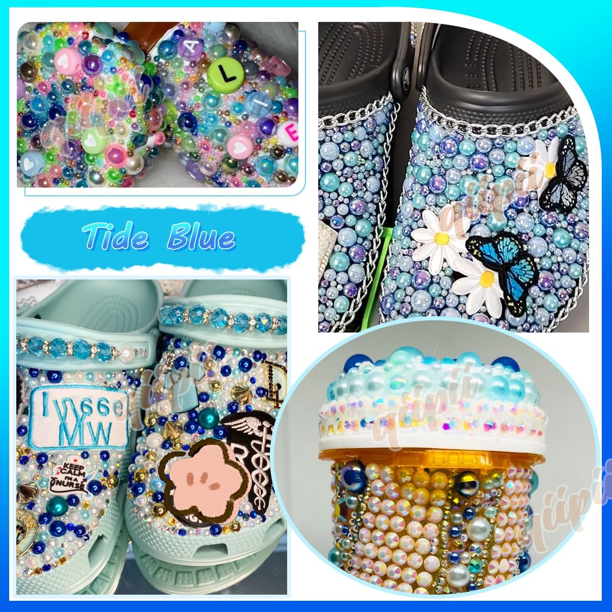 qiipii 28 Types Blue Flatback Pearls w B7000 Jewelry Glue for Bedazzling Crafting 3mm 4mm 5mm 6mm 8mm 10mm Flatback Colorful AB Half Pearls Charms for Nails Face Eyes Makeup Crafts Tumblers Bottles