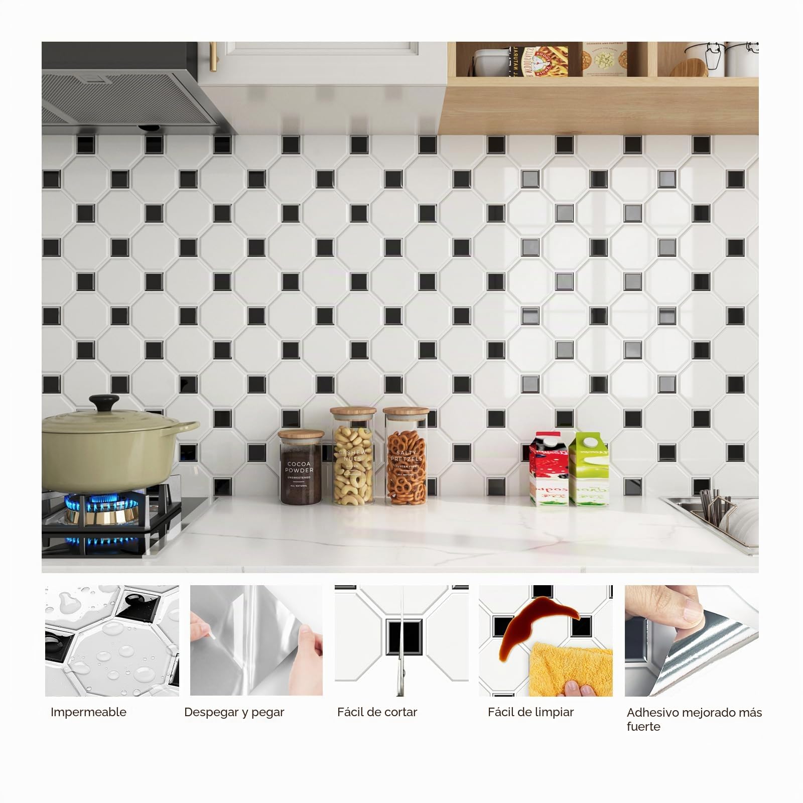 FunStick Vinilos Adhesivos Cocina Blanco Azulejos Hexagonales Impermeable 30CMx30CM Pegatinas 3D Pared Vinilo Adhesivo Negro Baño Lavadero Hexágono Cuadrado Azulejos 3D Adhesivo Pared 15 Baldosas