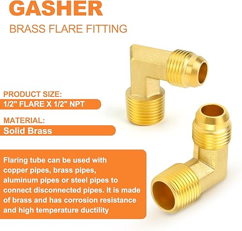 Miniatura 44 de GASHER 10 piezas de latón SAE 45 grados Flare Tube Fitting, 1/2" Flare Nut Aire Acondicionado Tubo de cobre Extensión de tubo de cobre a tope Tuerca