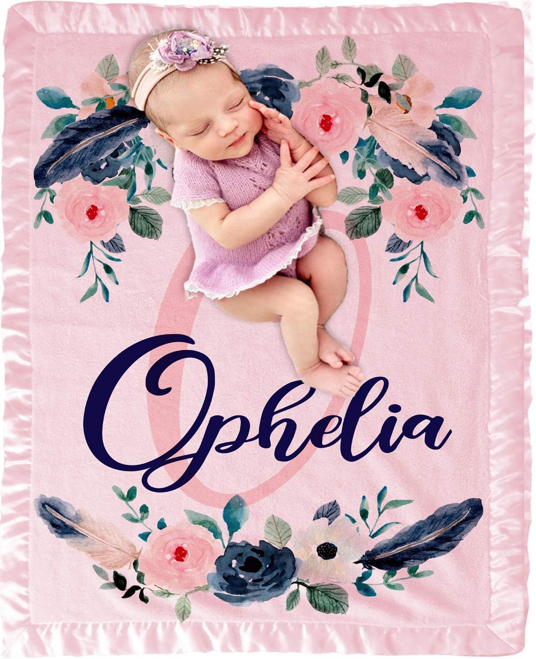 Baby Blanket for Girls 30x40 in (Pink) Customized with Name Personalized Monogram for Newborns and Infant in Floral Girl Navy Indigo Blue and Pink with Satin Trim