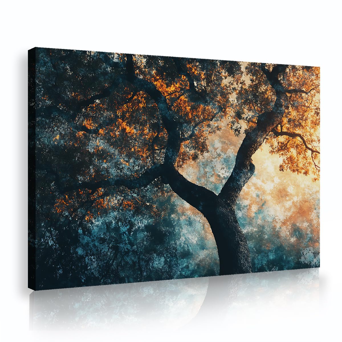 Via Vela Mystic Forest Wall Art Canvas Framed Ancient Oak Tree Painting Abstract Teal Orange Landscape Poster Nature Picture Print for Living Room Study Hallway Decor 70x110cm