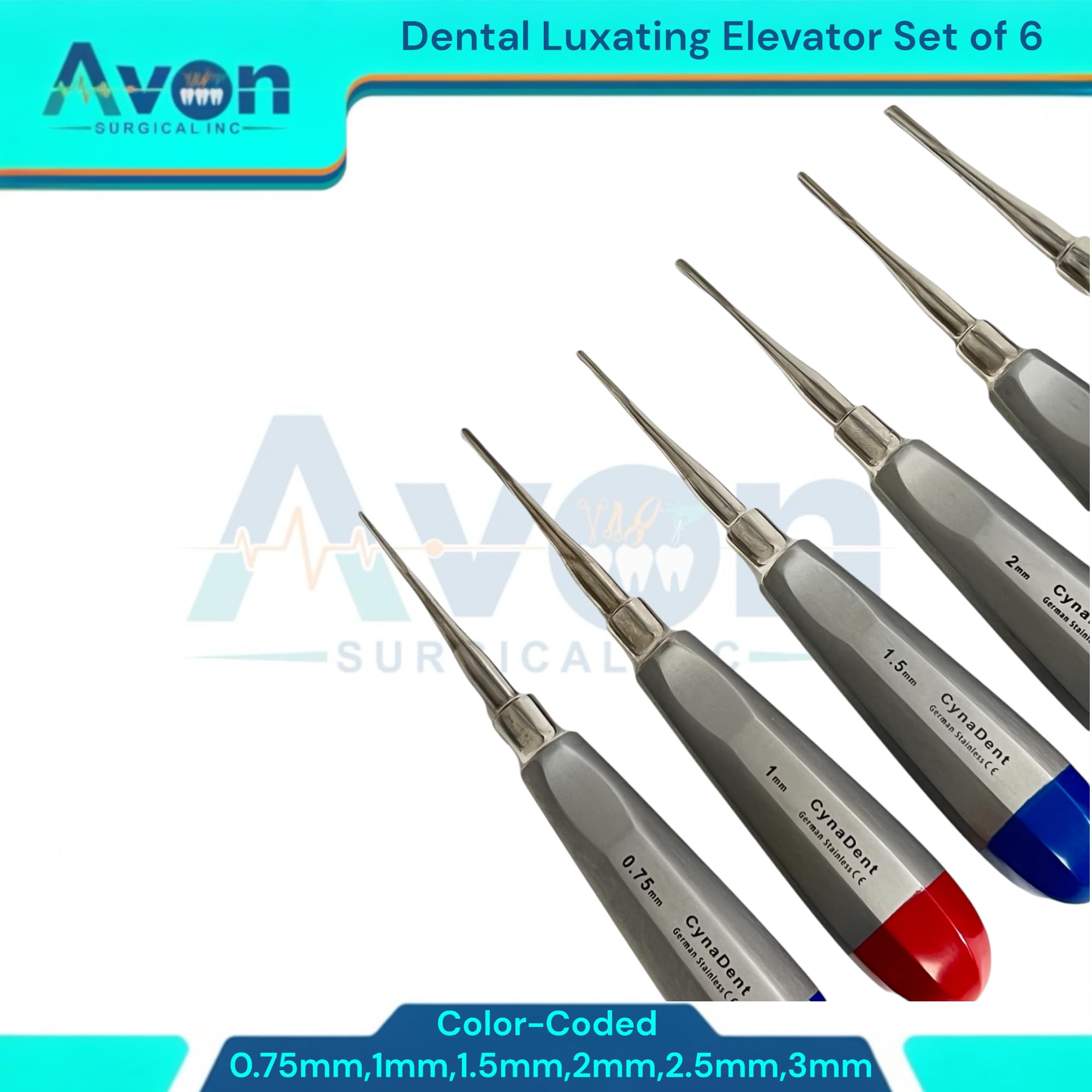 Set of 6pcs Luxating Elevator Picks with Color-Coded Handle, Straight Tip, 0.75mm, 1mm, 1.5mm, 2mm, 2.5mm, 3mm - Root Pick Elevators, German Stainless Steel
