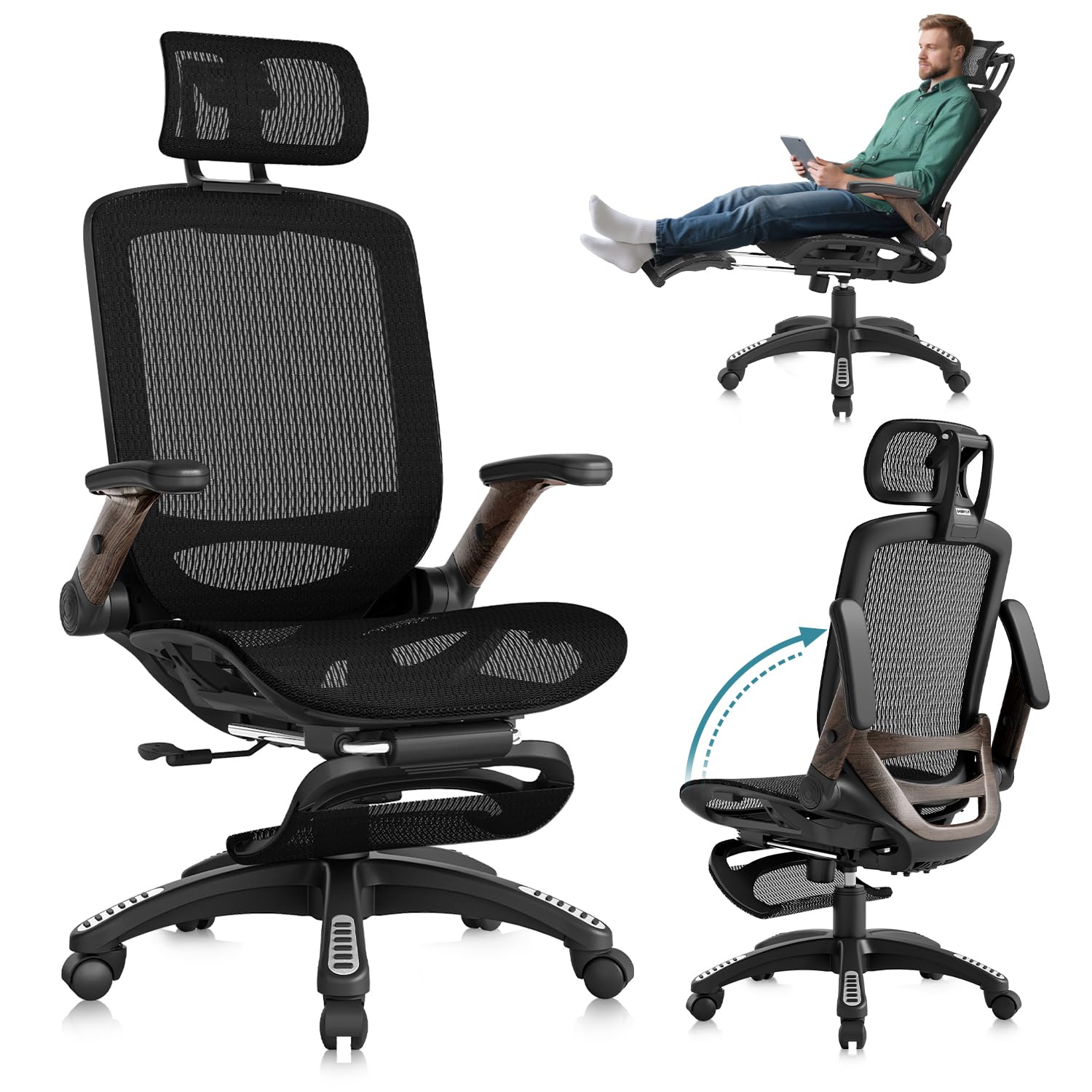 GABRYLLY Ergonomic Office Chair with Footrest, High Back Mesh Computer Chair with Flip-Up Arm, 3D Headrest, 135° Reclining, Rolling Gaming Task Chair