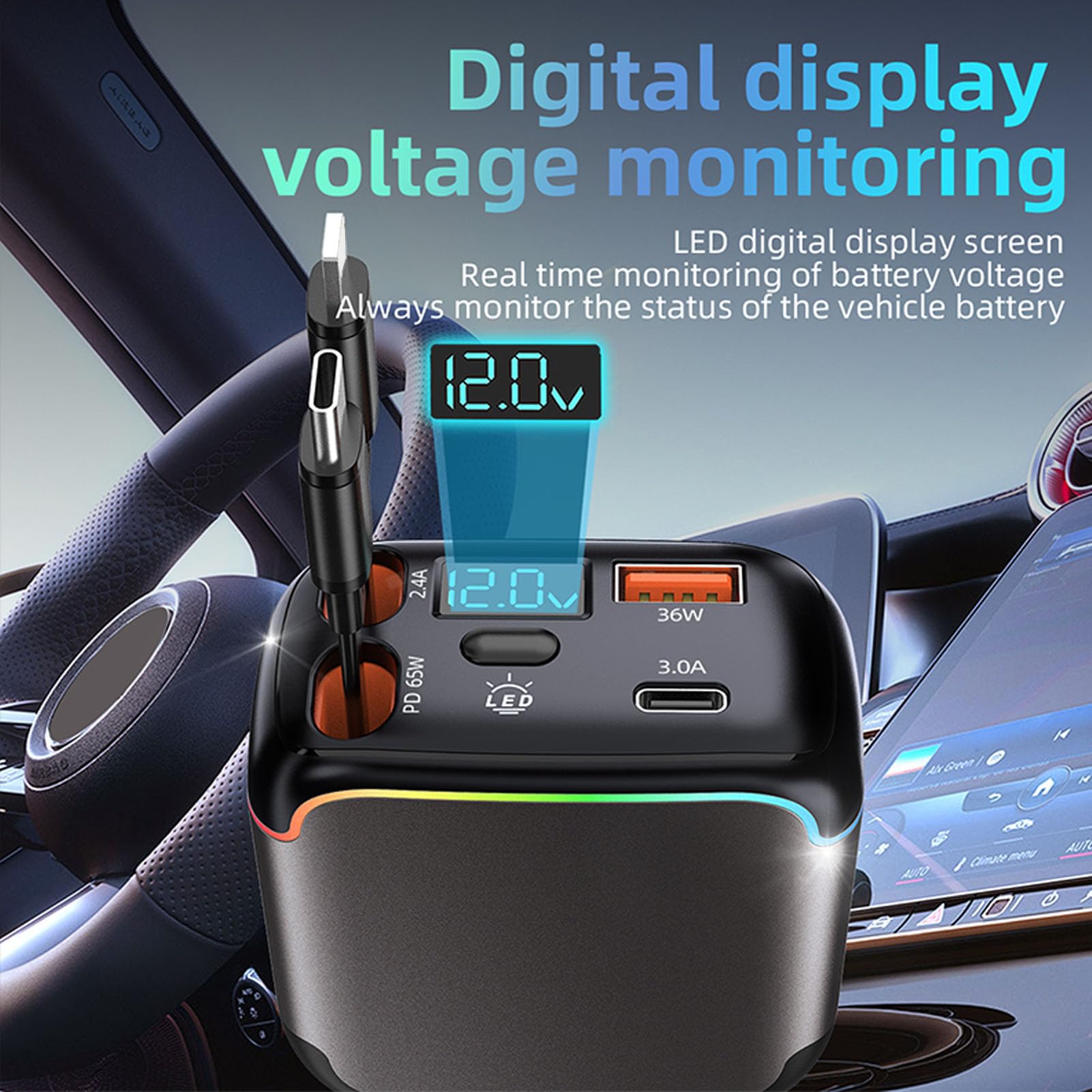 Einziehbares Autoladegerät 137 W, 4 in 1 Schnellladegerät mit Doppelkabel LED Anzeige, 12 V 24 V Kompatibel für Laptop, Telefon, Tablet, Autozubehör für Männer und Frauen