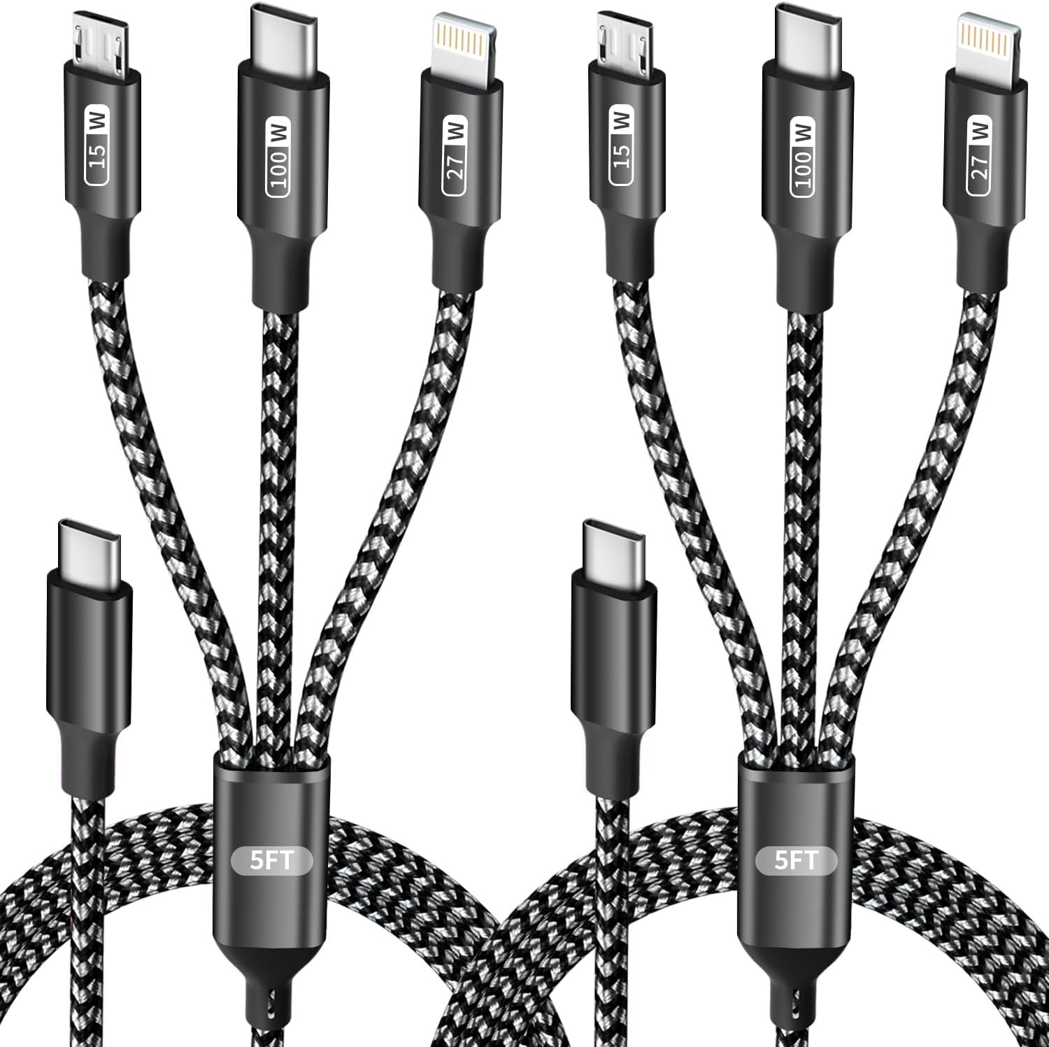 100W USB C Multi Charging Cable with E-Mark Chip, 3 in 1 USB C Fast Charging Cable, Universal Multiple Charger Cord with Type-C, Micro USB, IP Port for iPhone16/15/14/Cell Phones and More (2Pack 5FT) Black+Gray