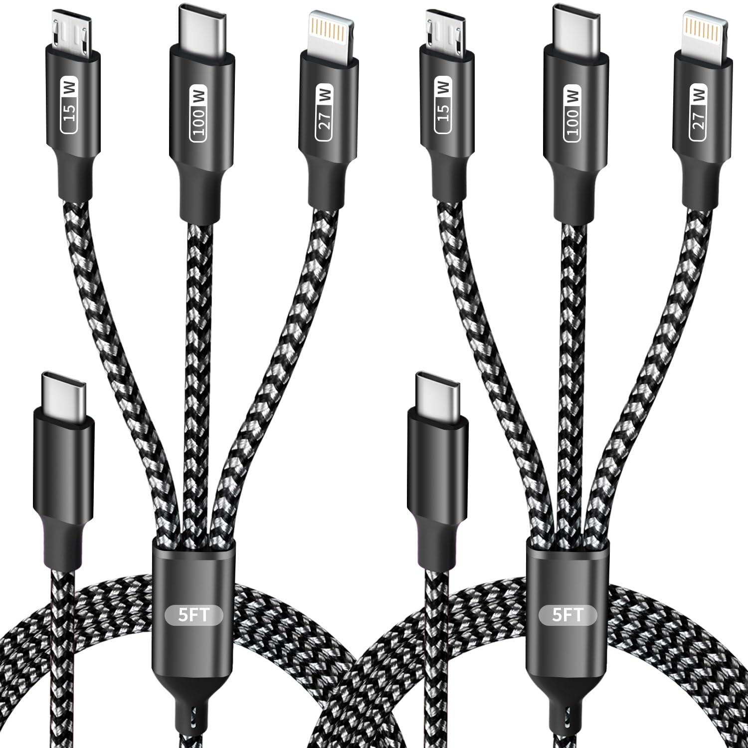 Cable de carga múltiple USB C de 100 W con chip E-Mark, cable de carga rápida USB C 3 en 1, cable de carga múltiple universal con tipo C, micro USB, puerto IP para iPhone 16/15/14/teléfonos celulares