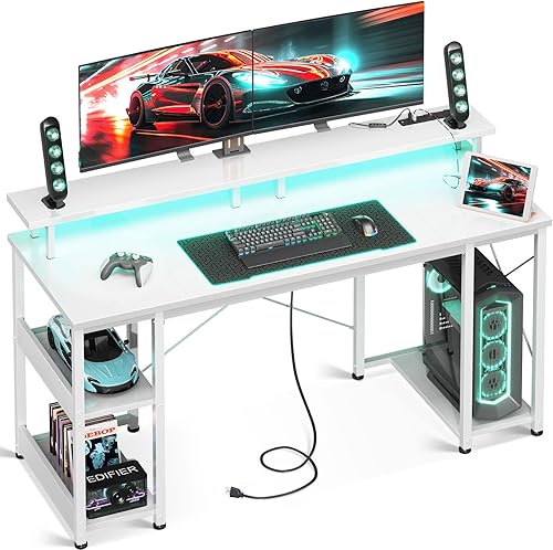 ODK Escritorio para juegos de 55 pulgadas con luces LED y tomas de corriente, escritorio para computadora con soporte para monitor y rejillas de