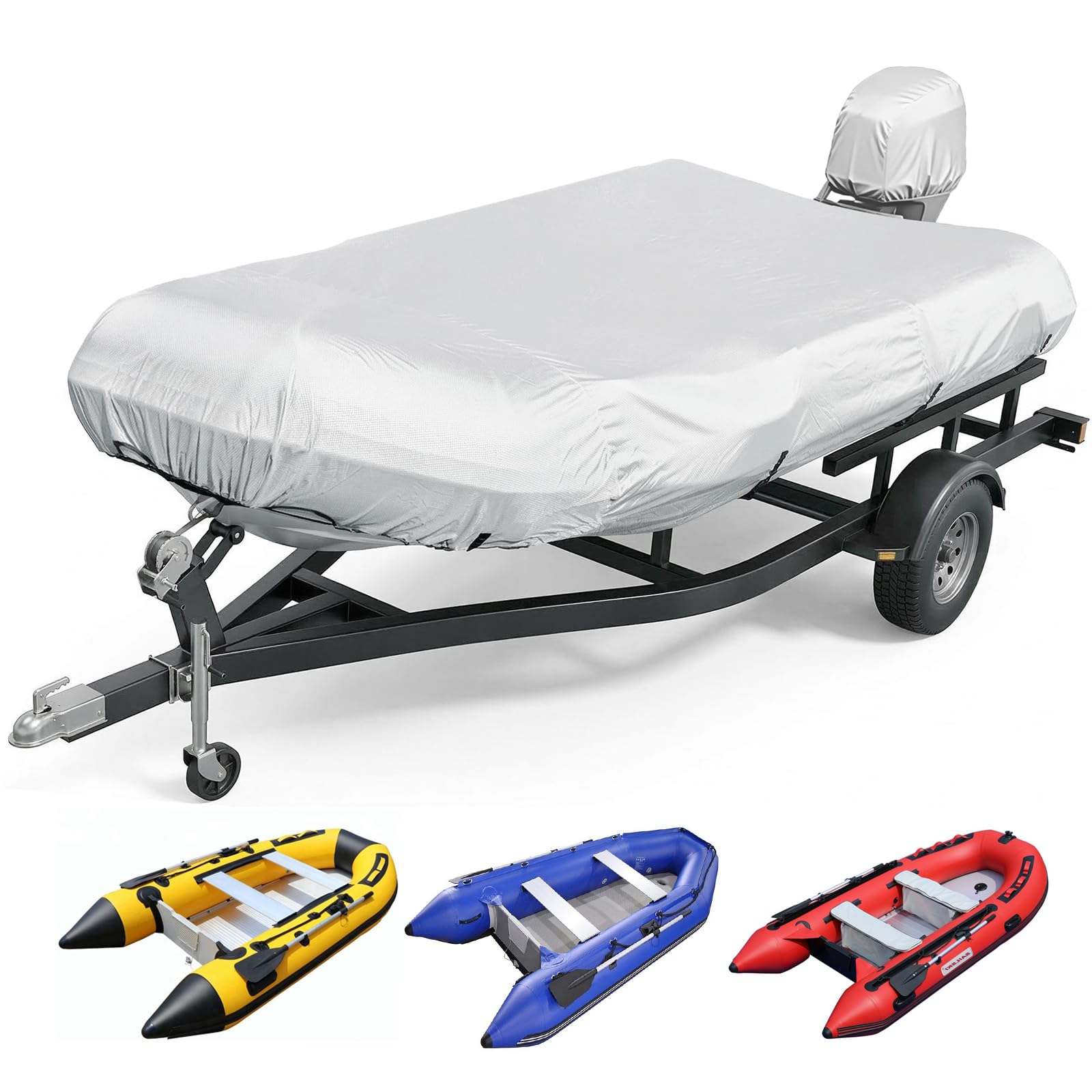 Inflatable Boat Cover 9-10 ft, 1200D Heavy Duty Waterproof Boat Cover with Soft Cotton Lining, UV-Resistant Dinghy Cover with 4 Straps & Motor Cover, Silver