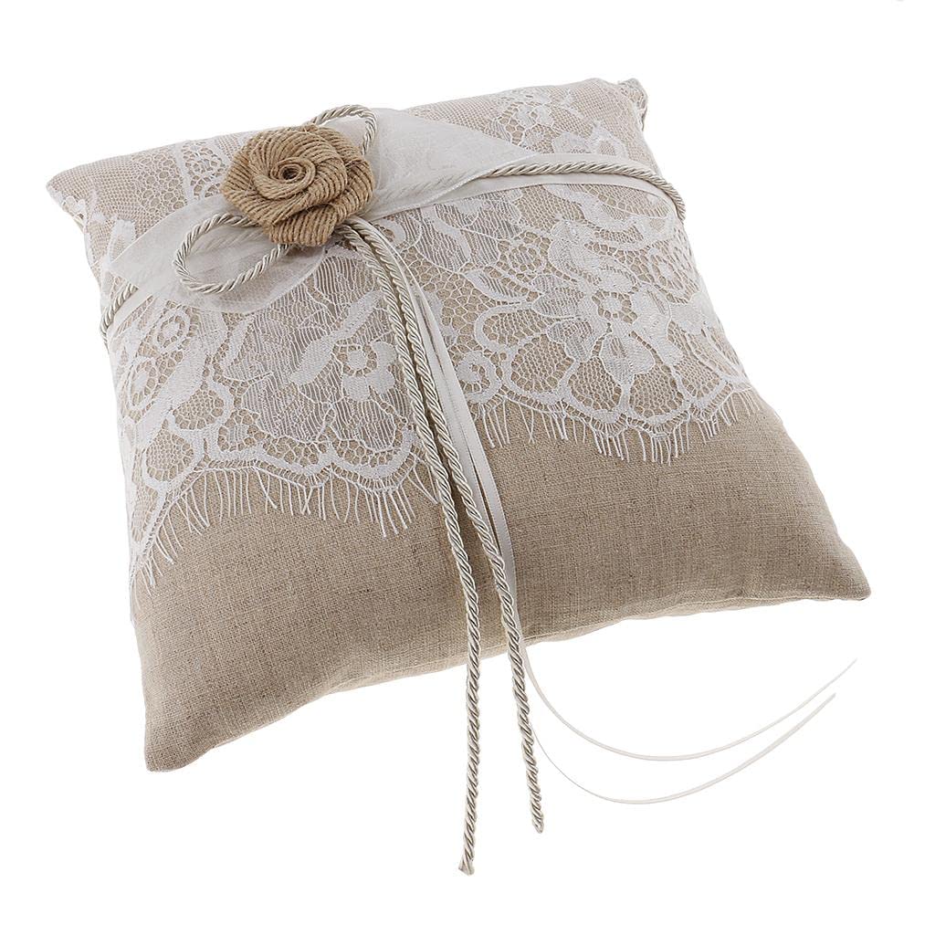 Coussin Alliances Mariage - Style Rustique En Jute Et Dentelle - 15x15 Cm