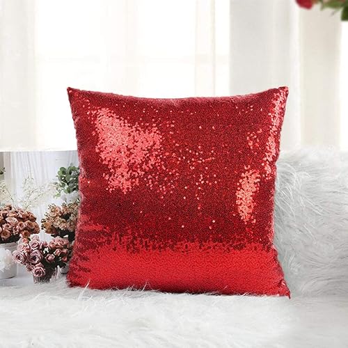 Funda de almohada de lentejuelas de 20 x 20 pulgadas, decoración del hogar, funda de almohada de lentejuelas rojas con cremallera, fundas de