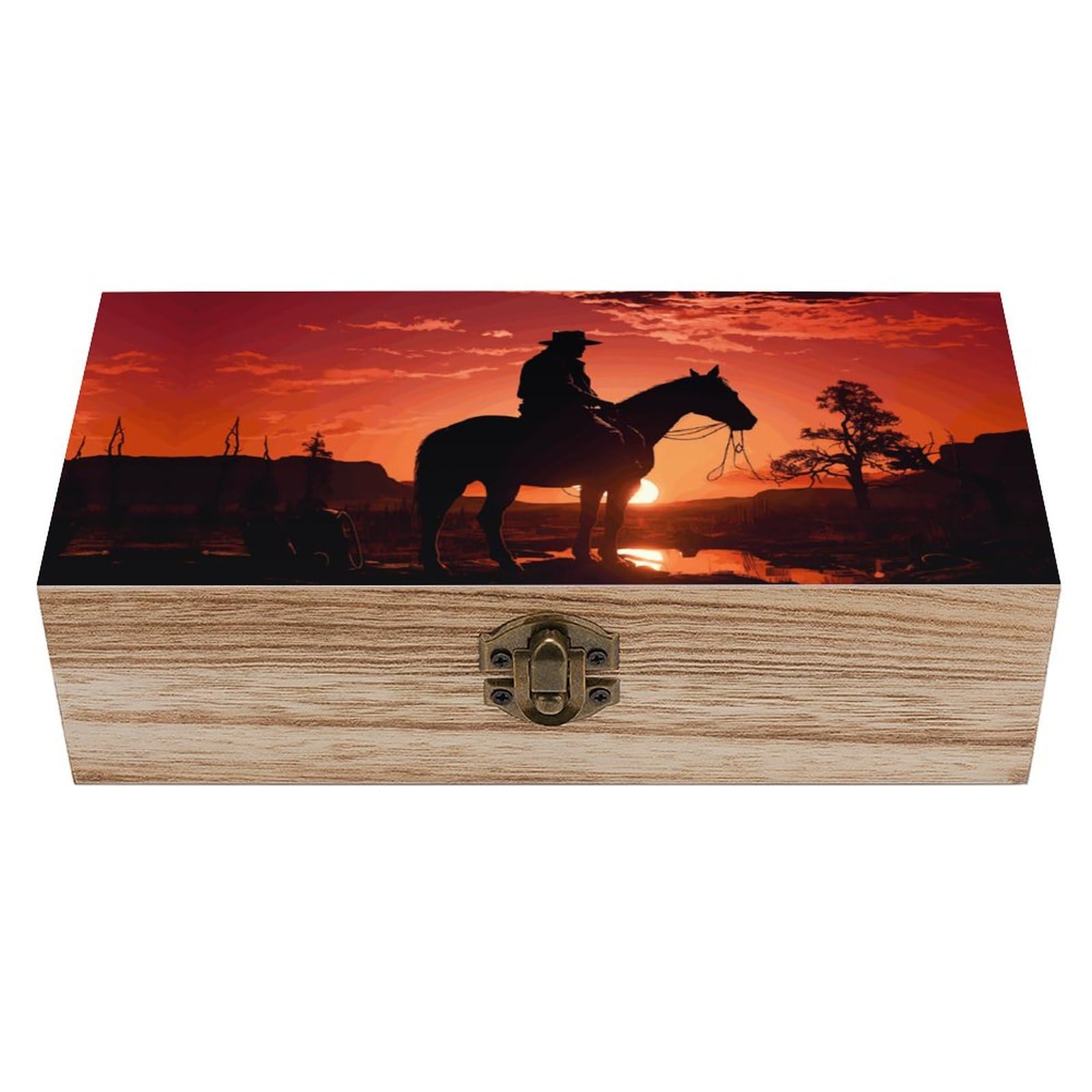 Cowboy West Wooden Storage Box Gift Jewelry Box Personalized Wooden Box Keepsake Box With Hinged Lid And Front Clasp Jewelry Box for Crafts Art Hobbies