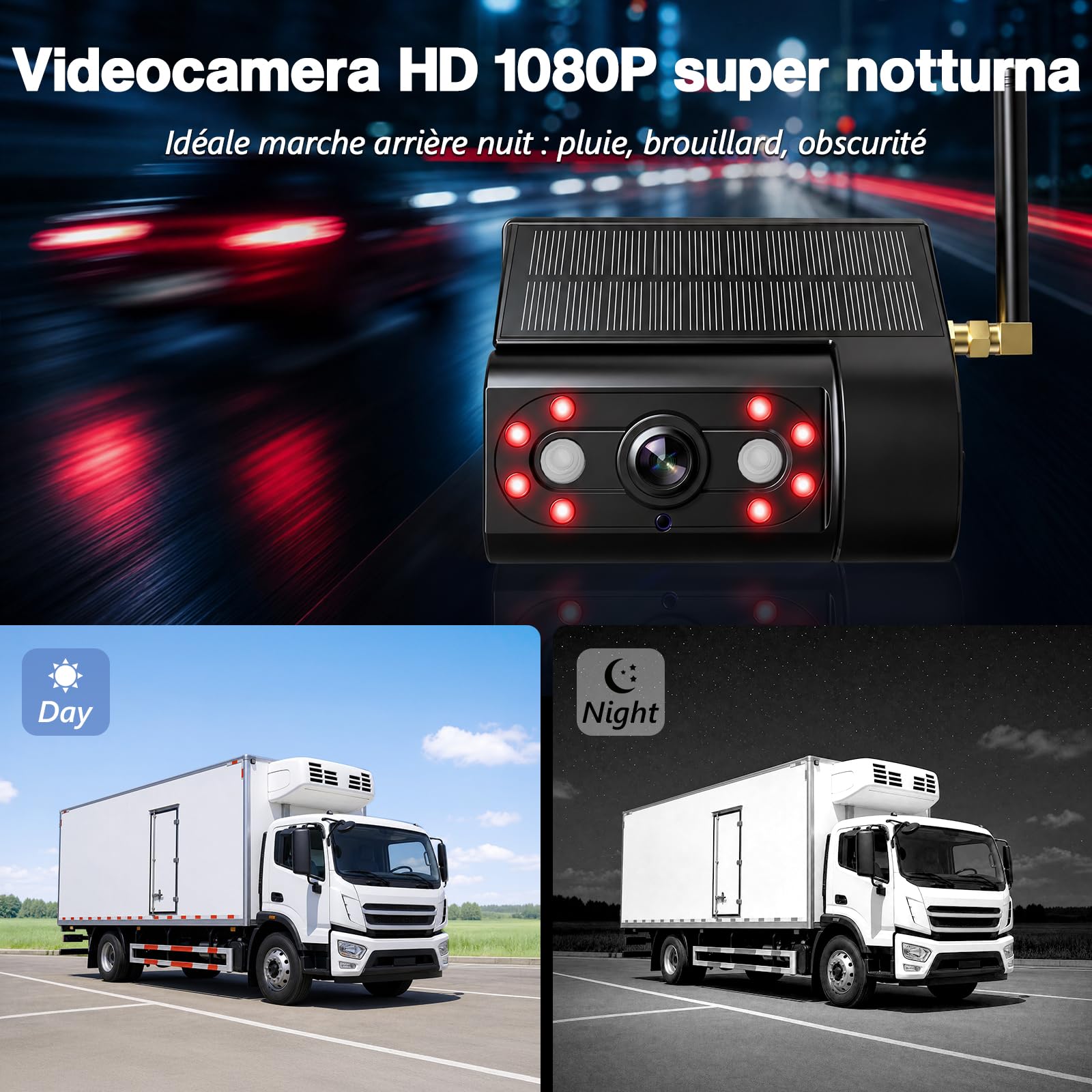 Telecamera Retromarcia Solare Wireless 10000mAh, Monitor 7" IPS con DVR, Portata Lunga, Montaggio Magnetico, 1080P HD Visione Notturna, IP67 per Camper Furgone Camion(VS-7G)