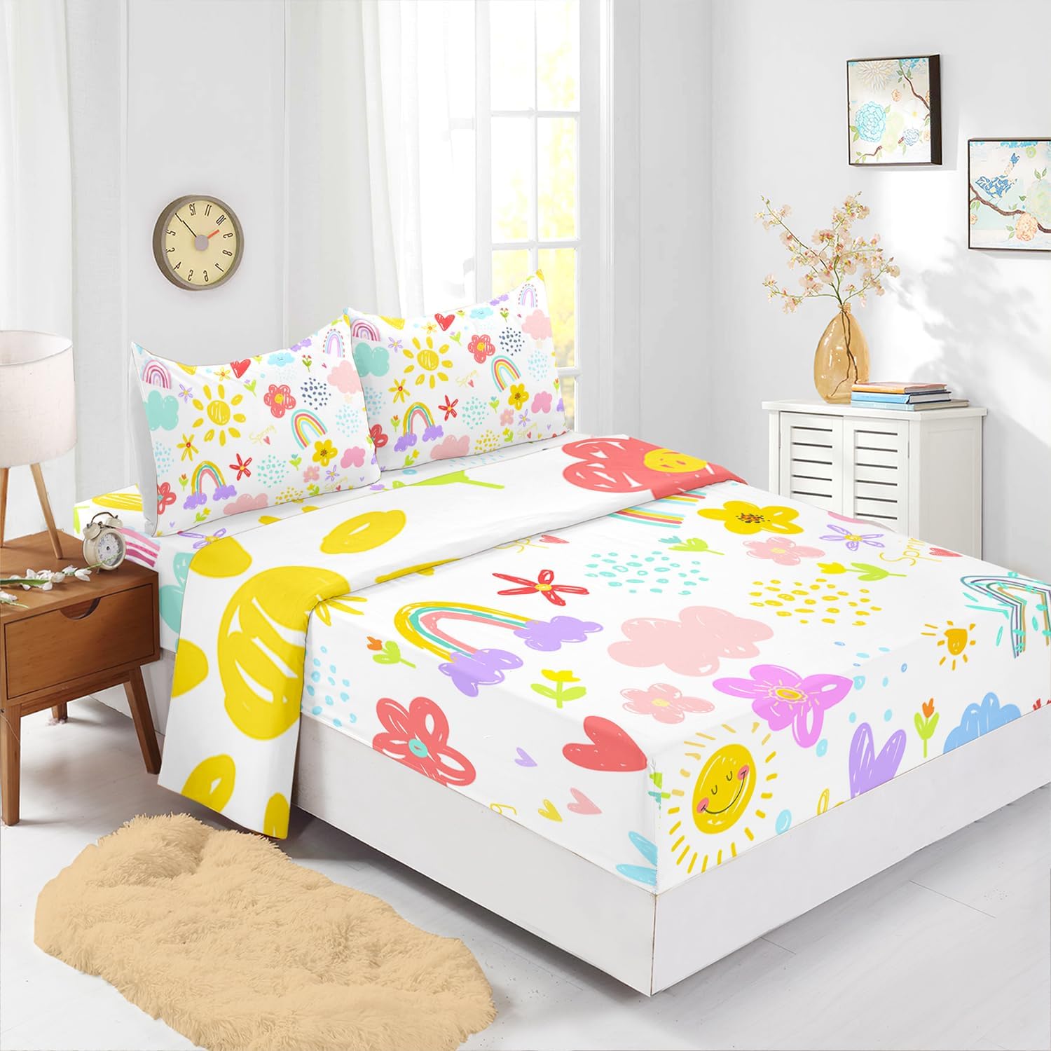 Colorful Rainbow Bedding Graffiti Cute Sun Flowers Queen 4Pcs Cartoon Hearts Cloud Pattern Set for Kid Teen Girl Boy Raindrop Bed Set with 1 Flat Sheet and 2 Pillowcases