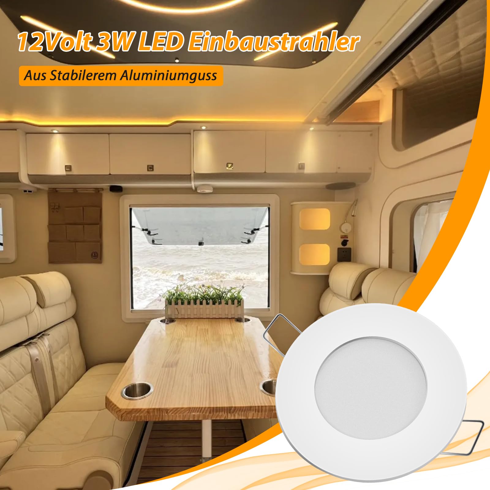 Dream lighting LED Einbaustrahler 12v 3W 75MM Lochmass Warmweiß 3000K 12 Volt LED Spot für Wohnmobil Wohnwagen Camper Van Einbauspots aus Weiß Aluguss IP44 6er Set
