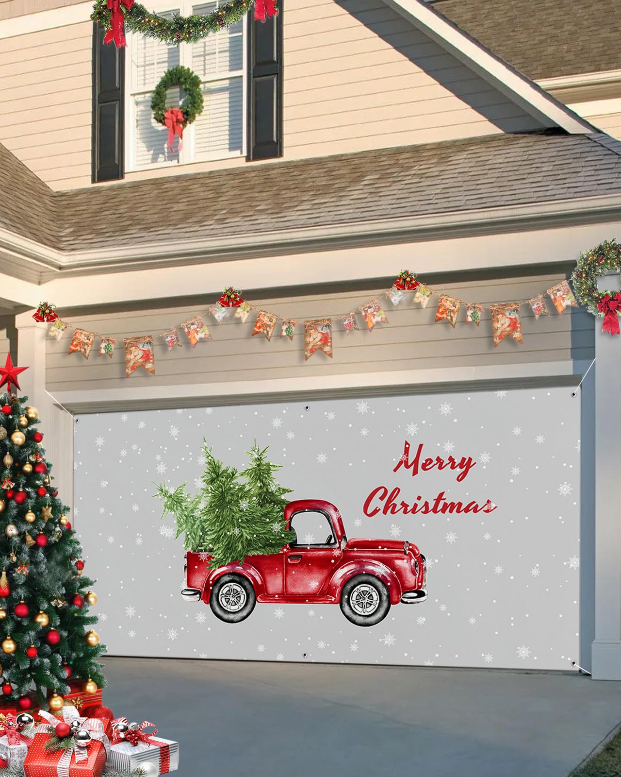 Halloween Christmas Garage Door Decorations with Grommets Durable Garage Backdrop Reusable Holiday Garage Banner Cover for Indoor Outdoor Wall Decor(84x96 Inch,Merry Christmas Red Truck and Xmas Tree)