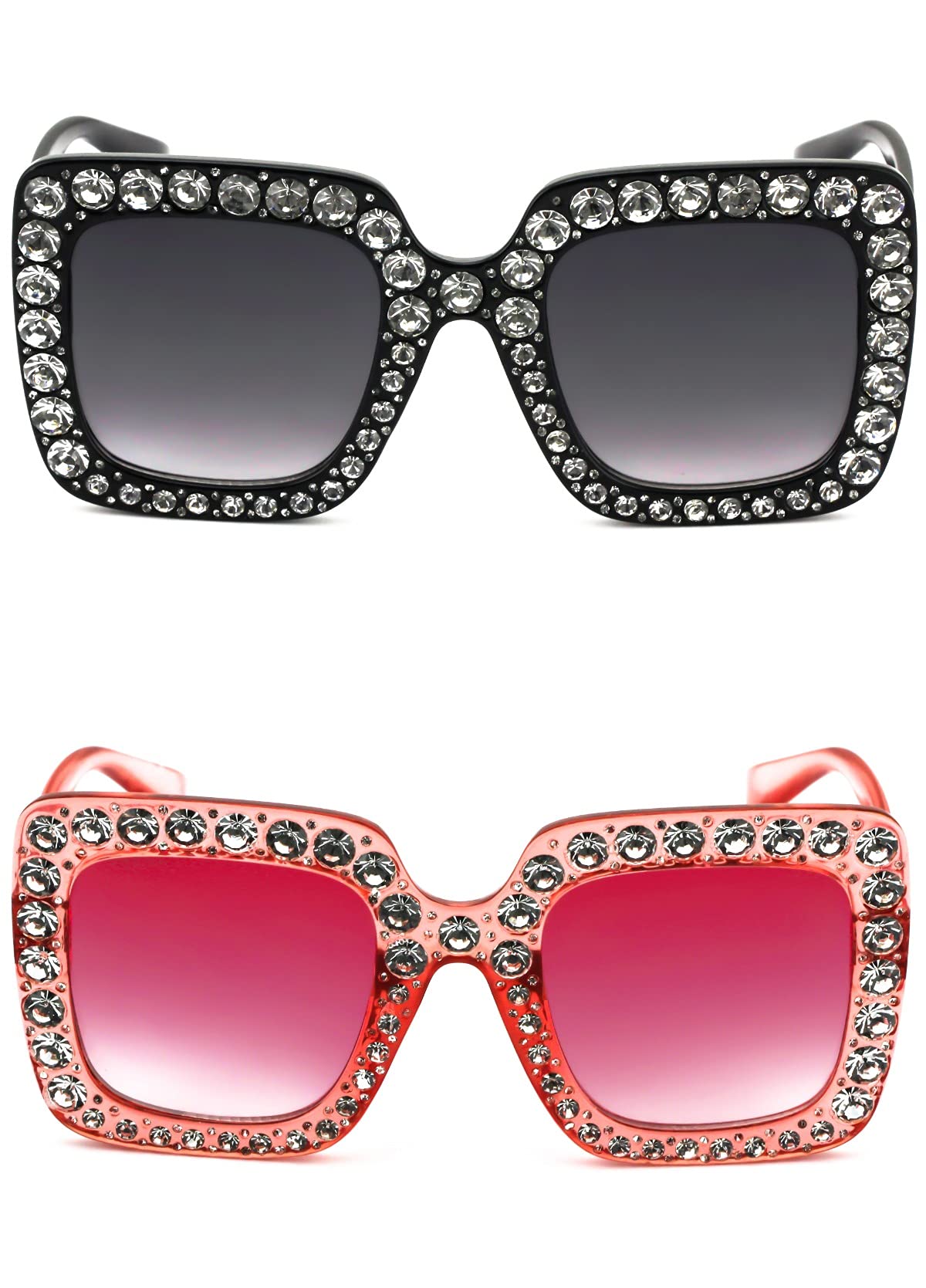 FLAWLESS Oversized Square Frame Bling Rhinestone Crystal Design Sunglasses For Women
