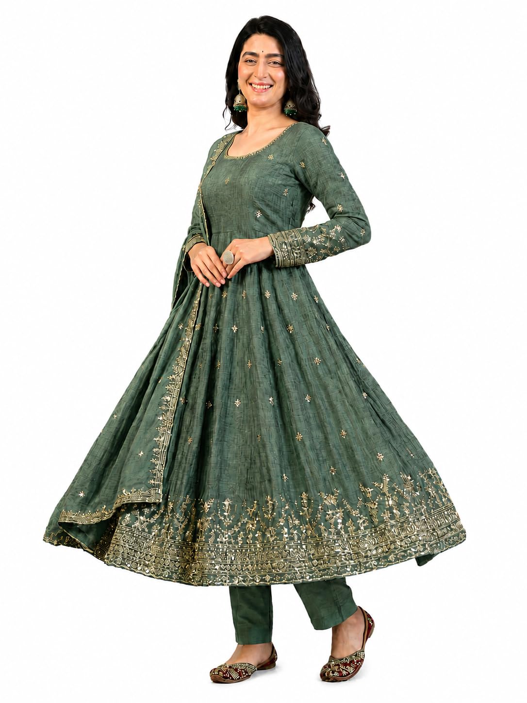 Women's Anarkali Suit Set with Dupatta, Embroidered Kurta Pant Set for Women, Heavy Crunchy Silk Ethnic Wear, Wedding Party Festival Salwar Suit, Sage Green-image-30