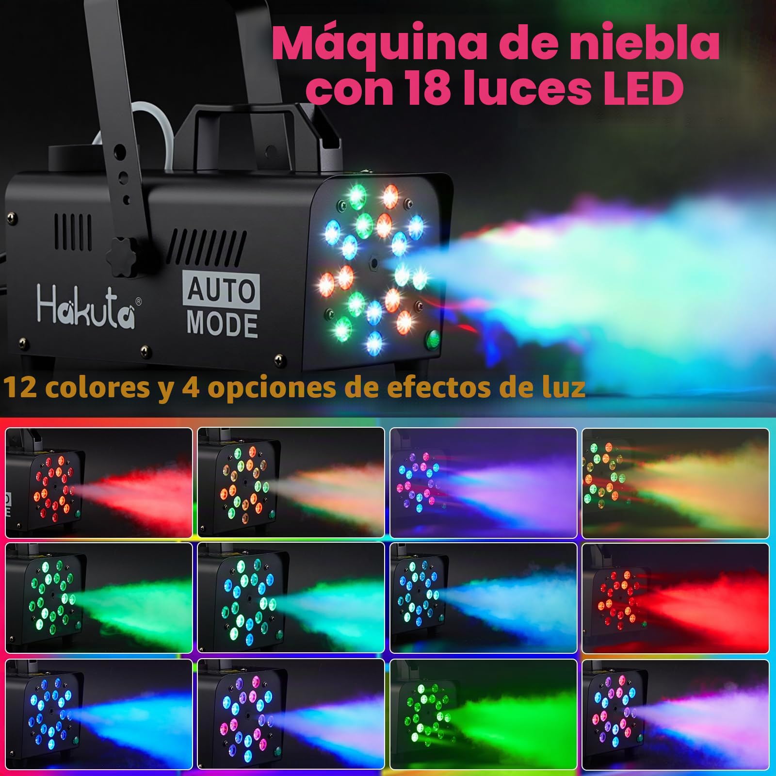 Hakuta Máquina de Humo con 18 Luces LED, Máquina de Niebla Automática para Halloween, Bodas y Fiestas DJ con Modos Carrera
