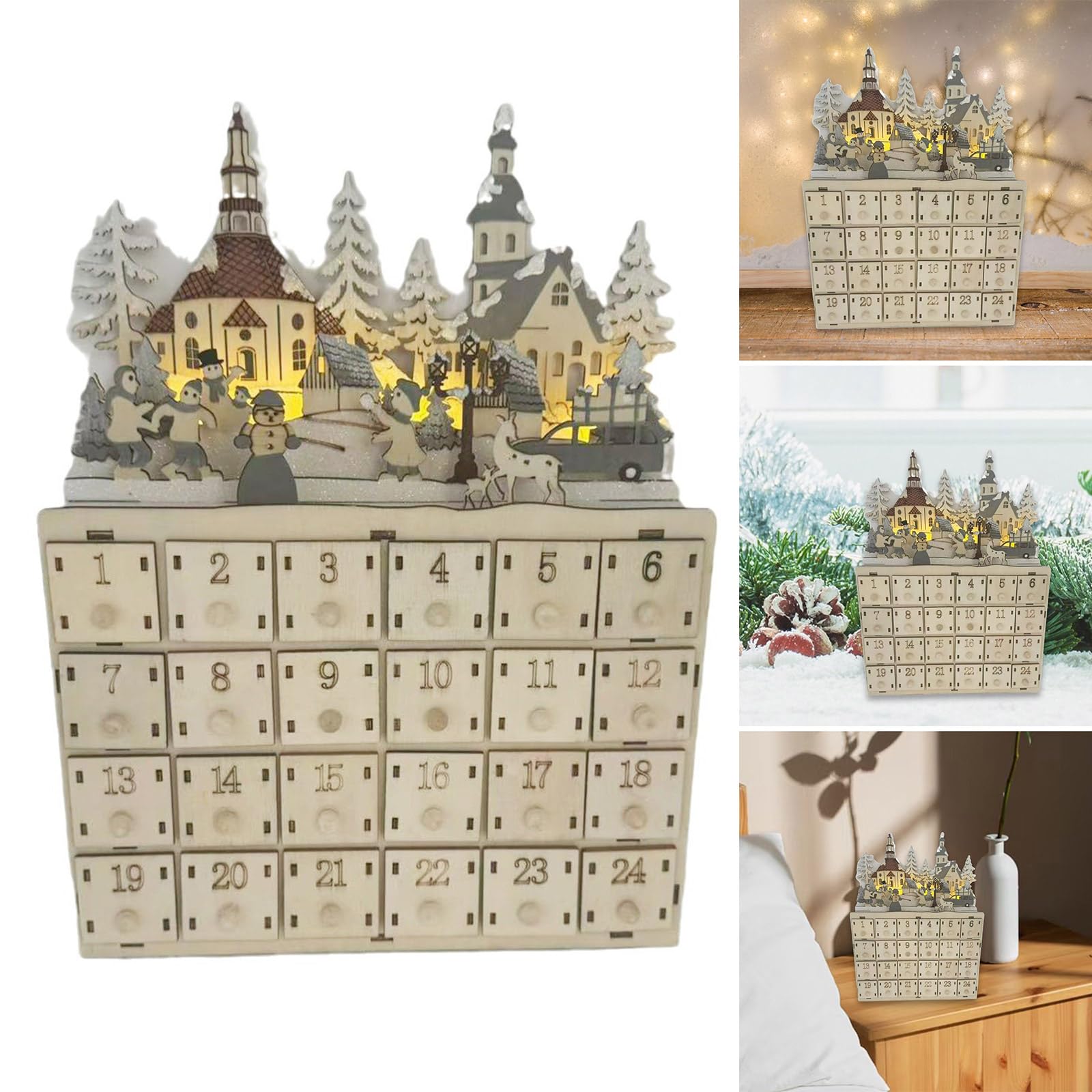 LED-beleuchteter Adventskalender aus Holz mit 24 Schubladen, Countdown-Kalender, Schreibtischdekoration, einzigartiger Weihnachtsfeiertag