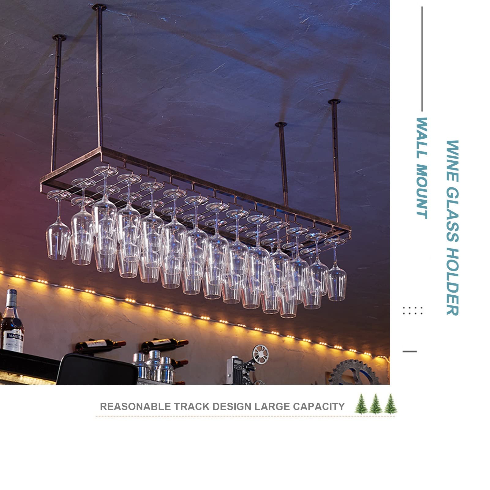 Portabottiglie da vino da appendere – Portabottiglie in metallo con supporti per bicchieri, mensola da soffitto per cucina, bar e sotto armadietto, elegante organizer per calici