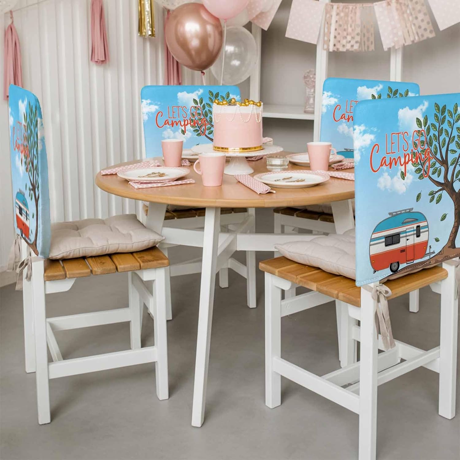4Pack Dining Room Chair Back Covers Cartoon Caravan Summer Forest Stretch Spandex Chair Cover Washable Slipcovers, Let's Go Camping Quote Removable Furniture Protectors for Home Kitchen Wedding Party